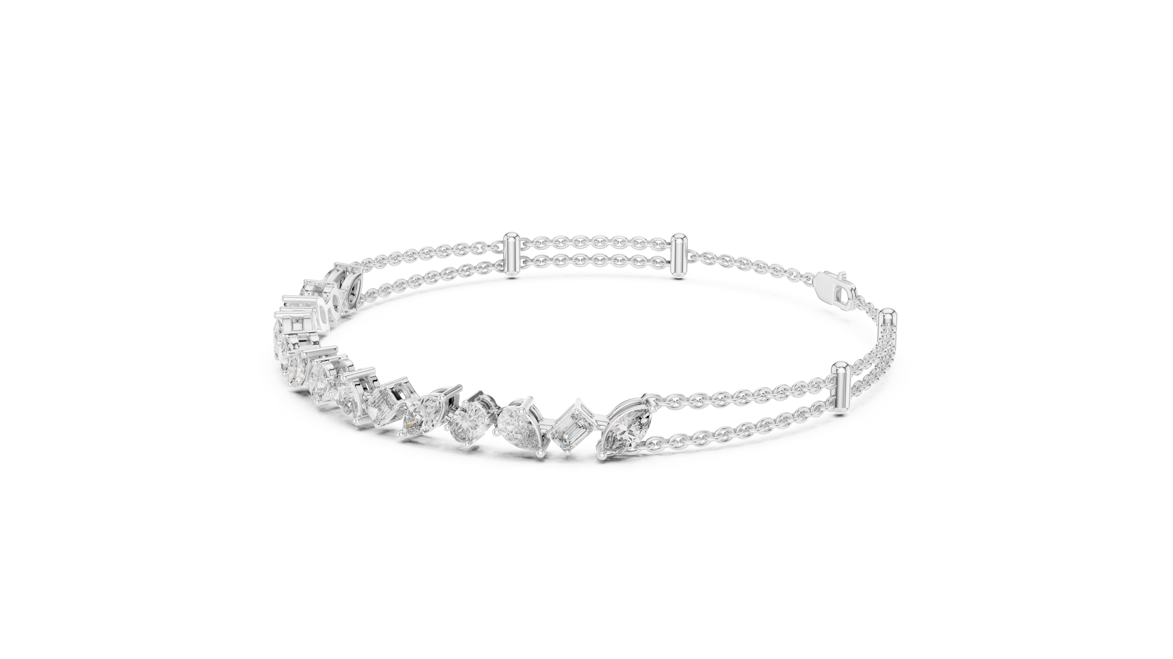 Silver bracelet with clear stones on a white background