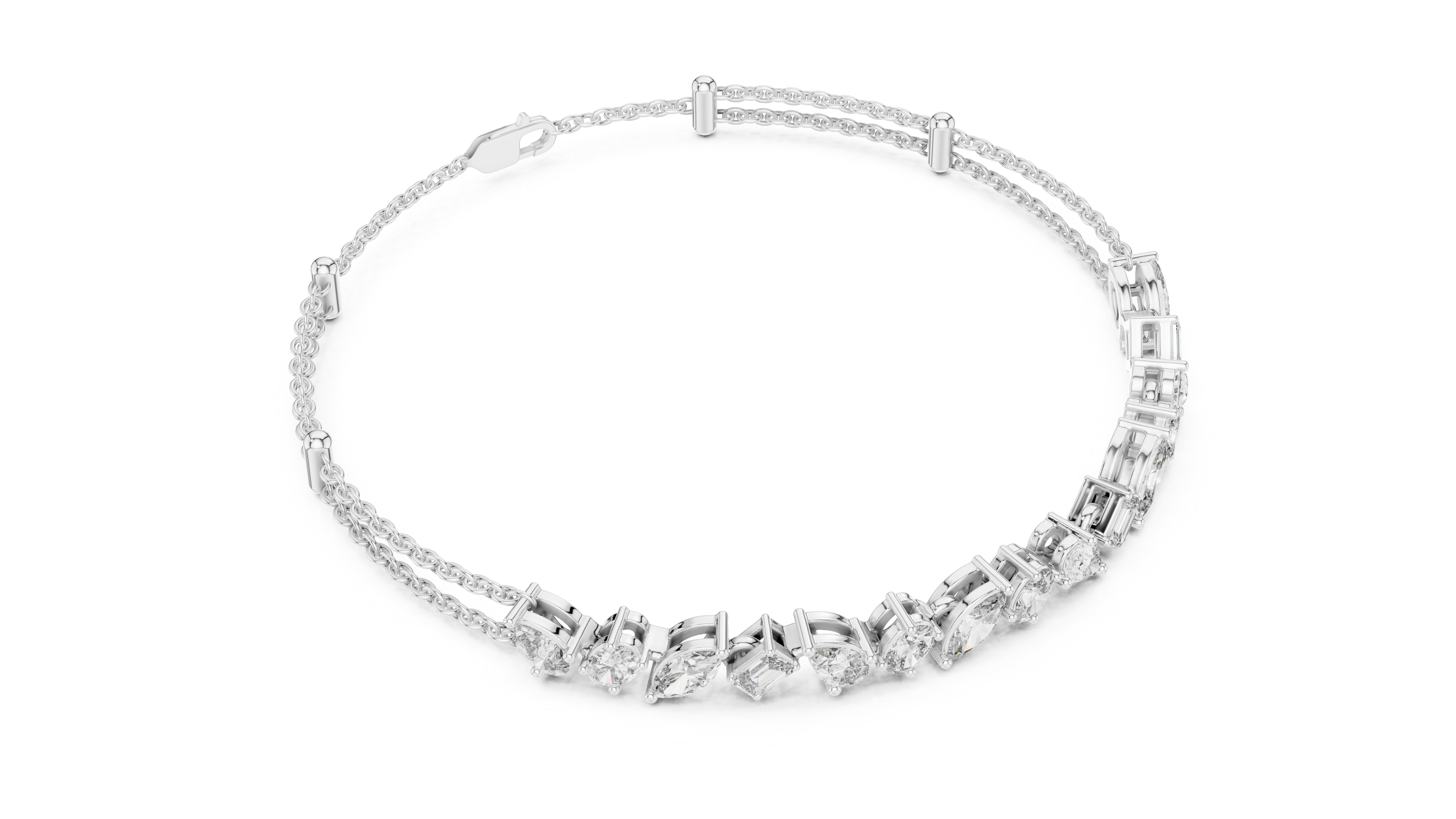Silver bracelet with clear stones on a white background