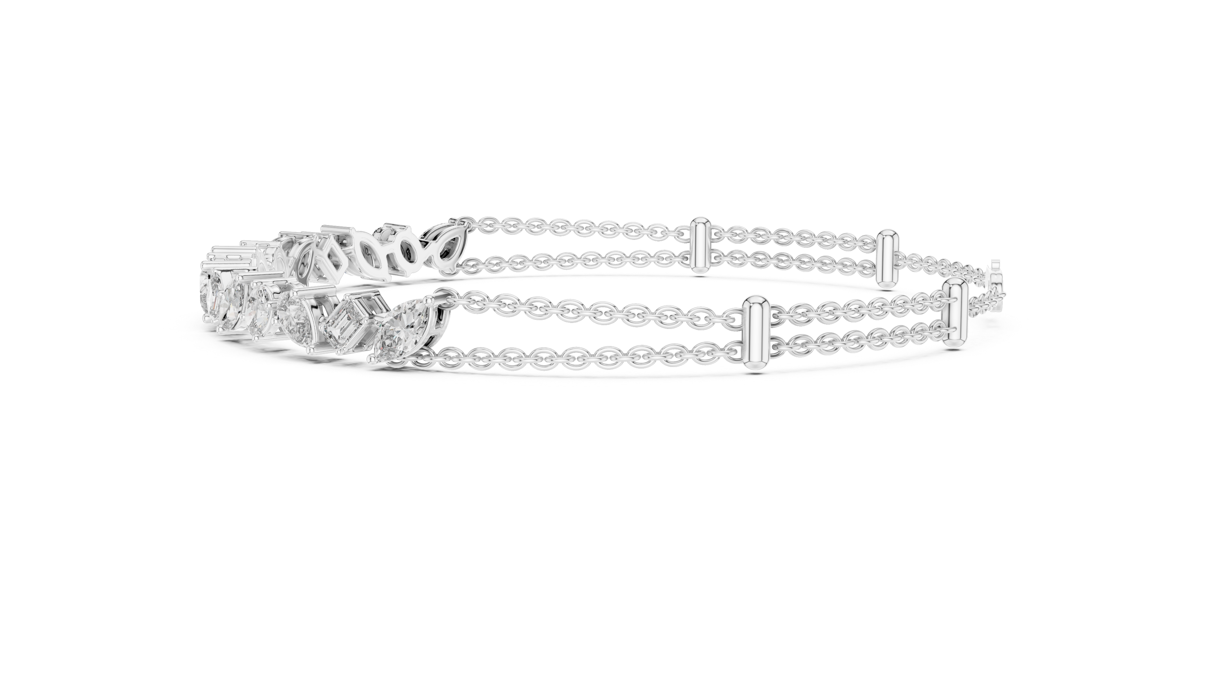 Silver bracelet with diamond accents on a white background