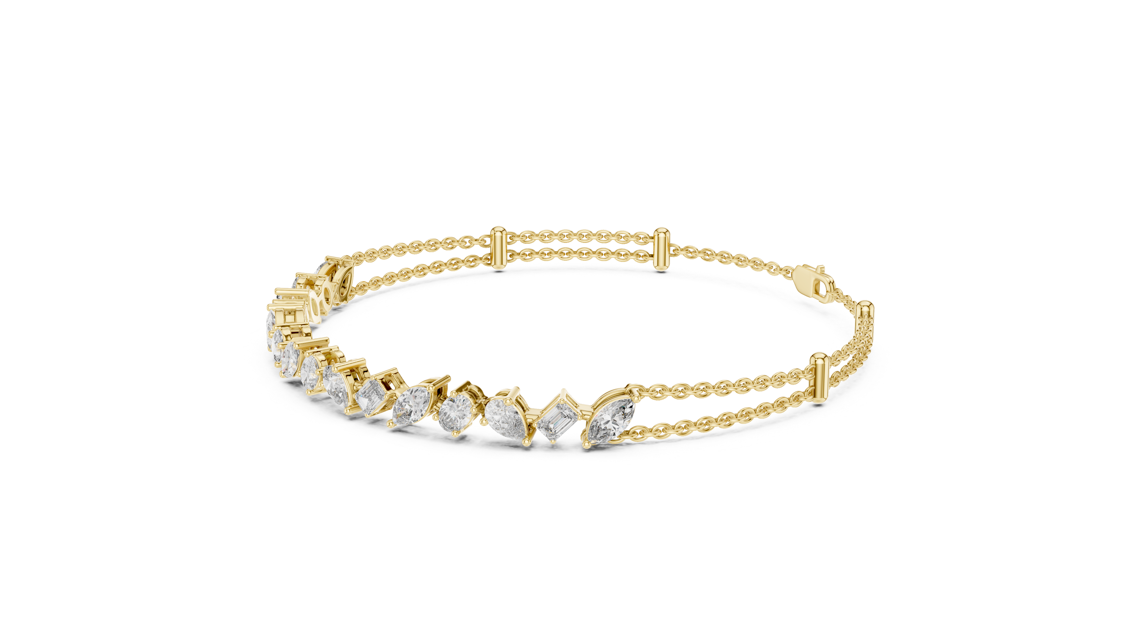 Gold bracelet with clear stones on a white background