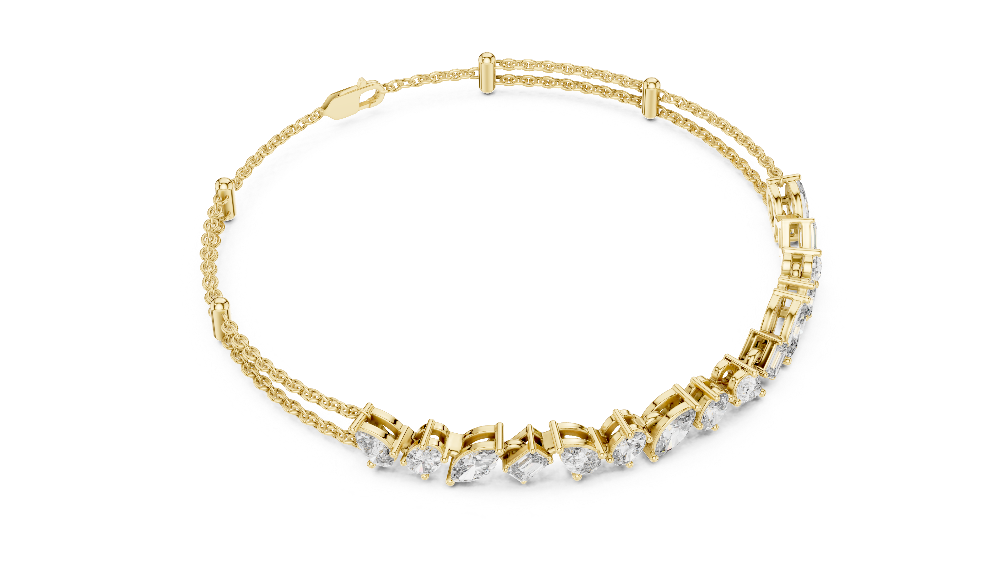 Gold bracelet with clear stones on a white background