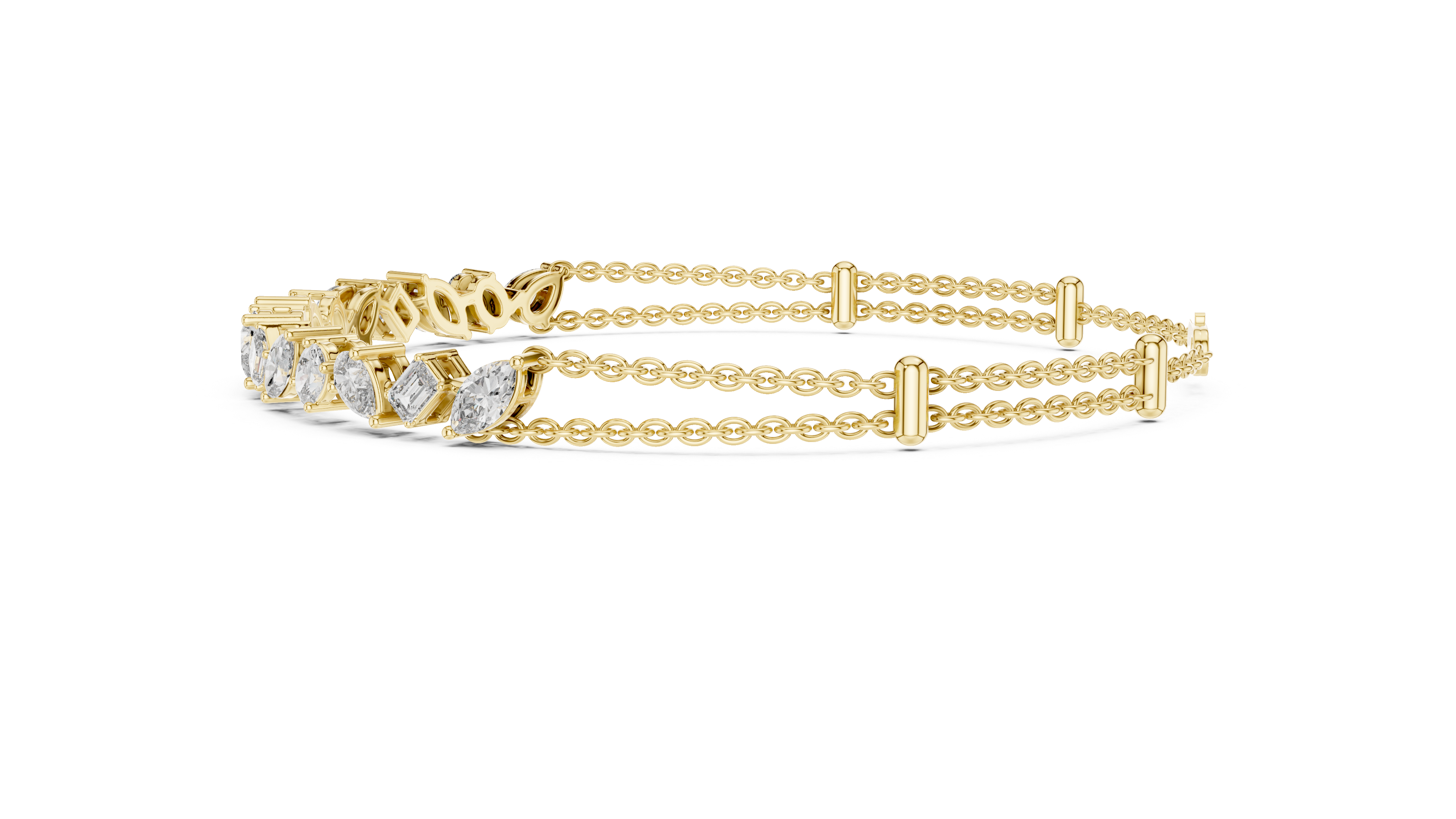 Gold bracelet with diamond accents on a white background
