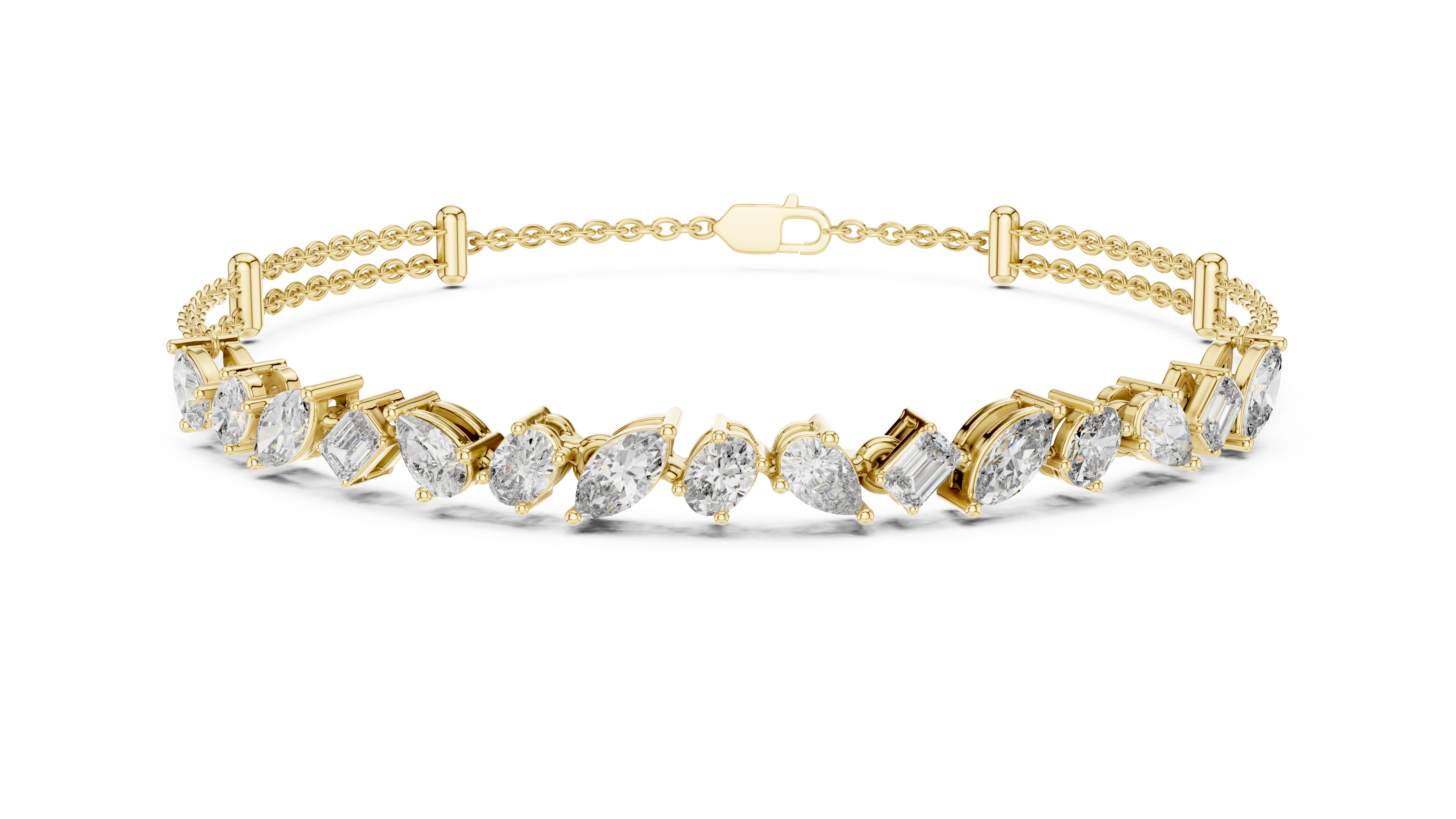 Gold bracelet with diamond accents on a white background
