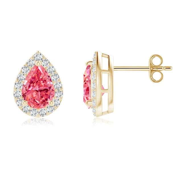 1.42 Tcw Pear-Shaped Lab-Grown Fancy Pink Diamond Halo Stud Earrings
