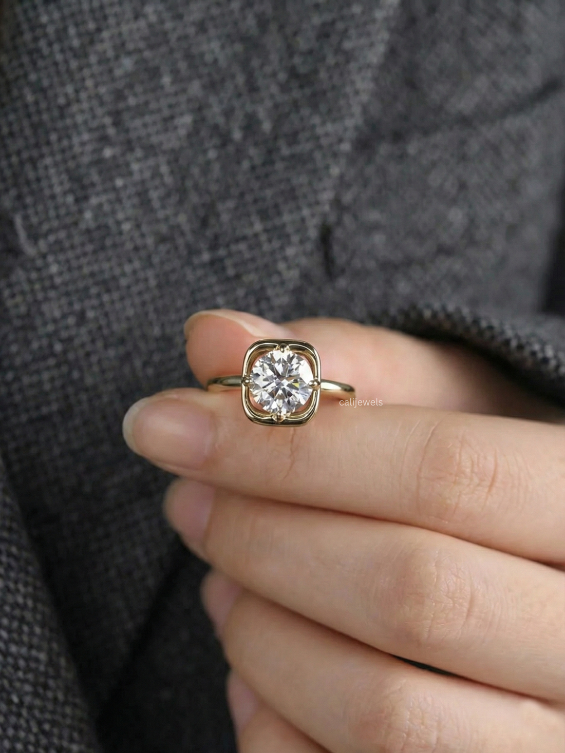 Round Cut Lab Grown Diamond Square Bezel Set Solitaire Ring