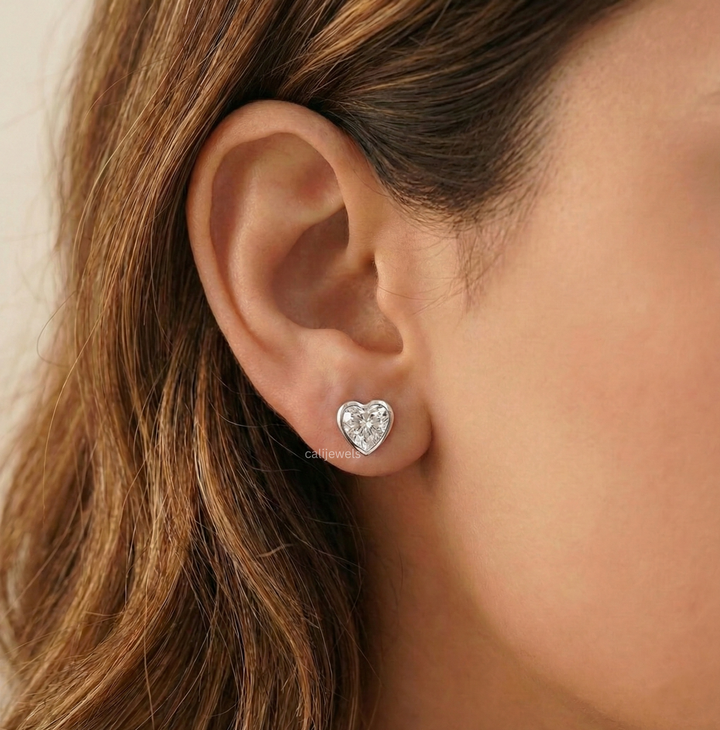 Heart Cut Lab Diamond Solitaire Bezel Set Stud Earrings