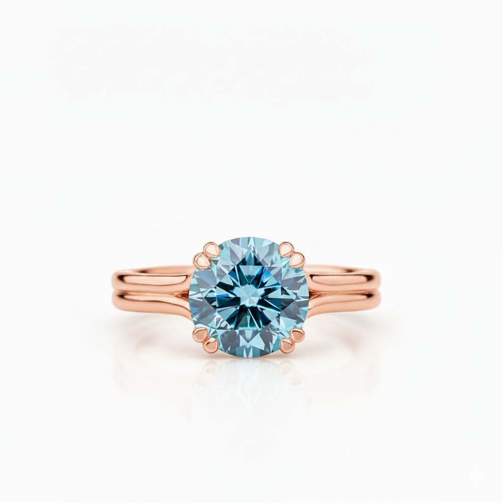 Rose gold ring with a blue gemstone on a white background