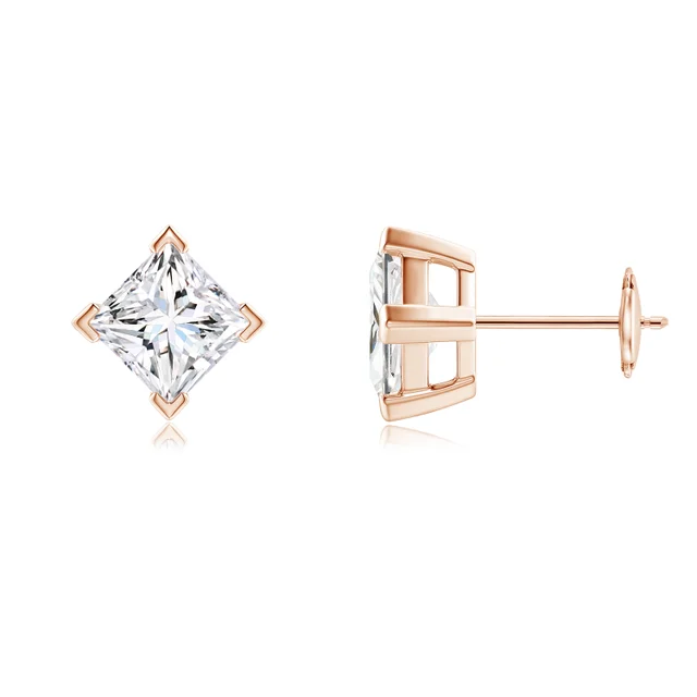 Rose gold earrings with clear gemstones on a white background