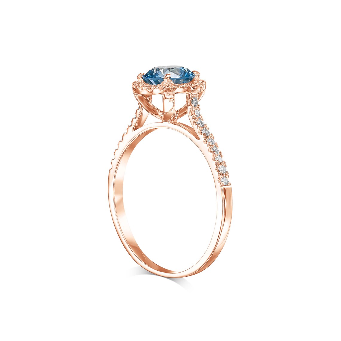 Rose gold ring with a blue gemstone and diamond accents on a white background