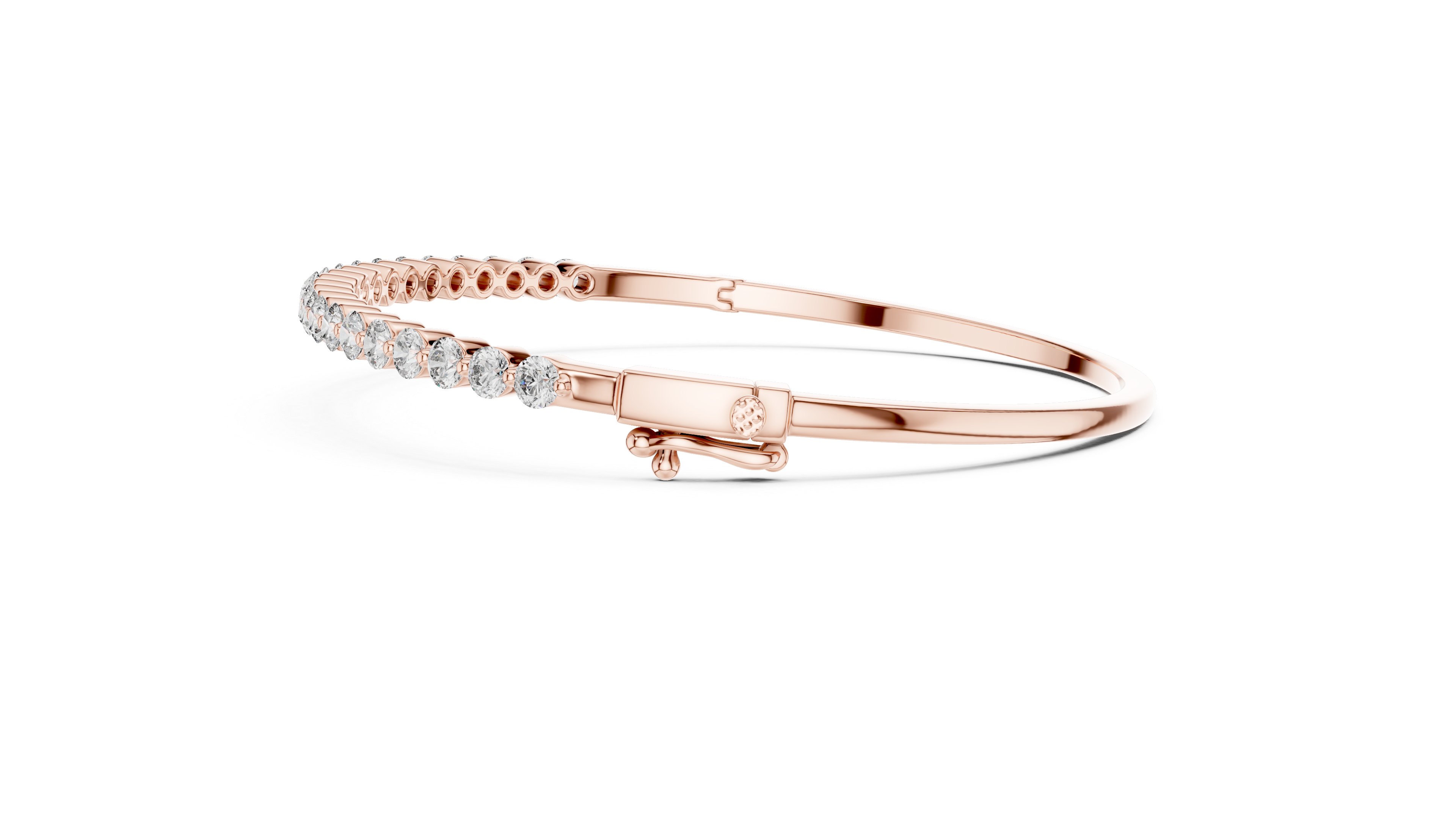 Rose gold bracelet with small diamonds on a white background
