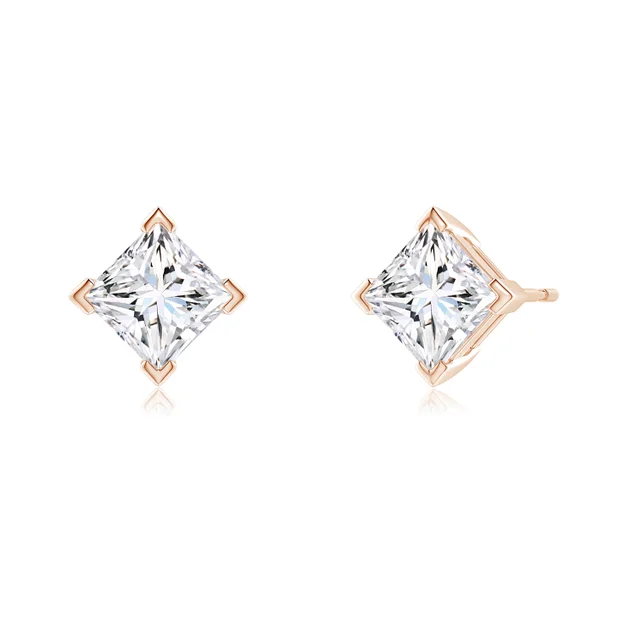 Pair of diamond stud earrings with rose gold setting on a white background