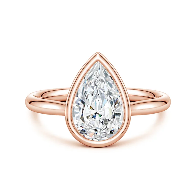 Rose gold ring with a pear-shaped diamond on a white background