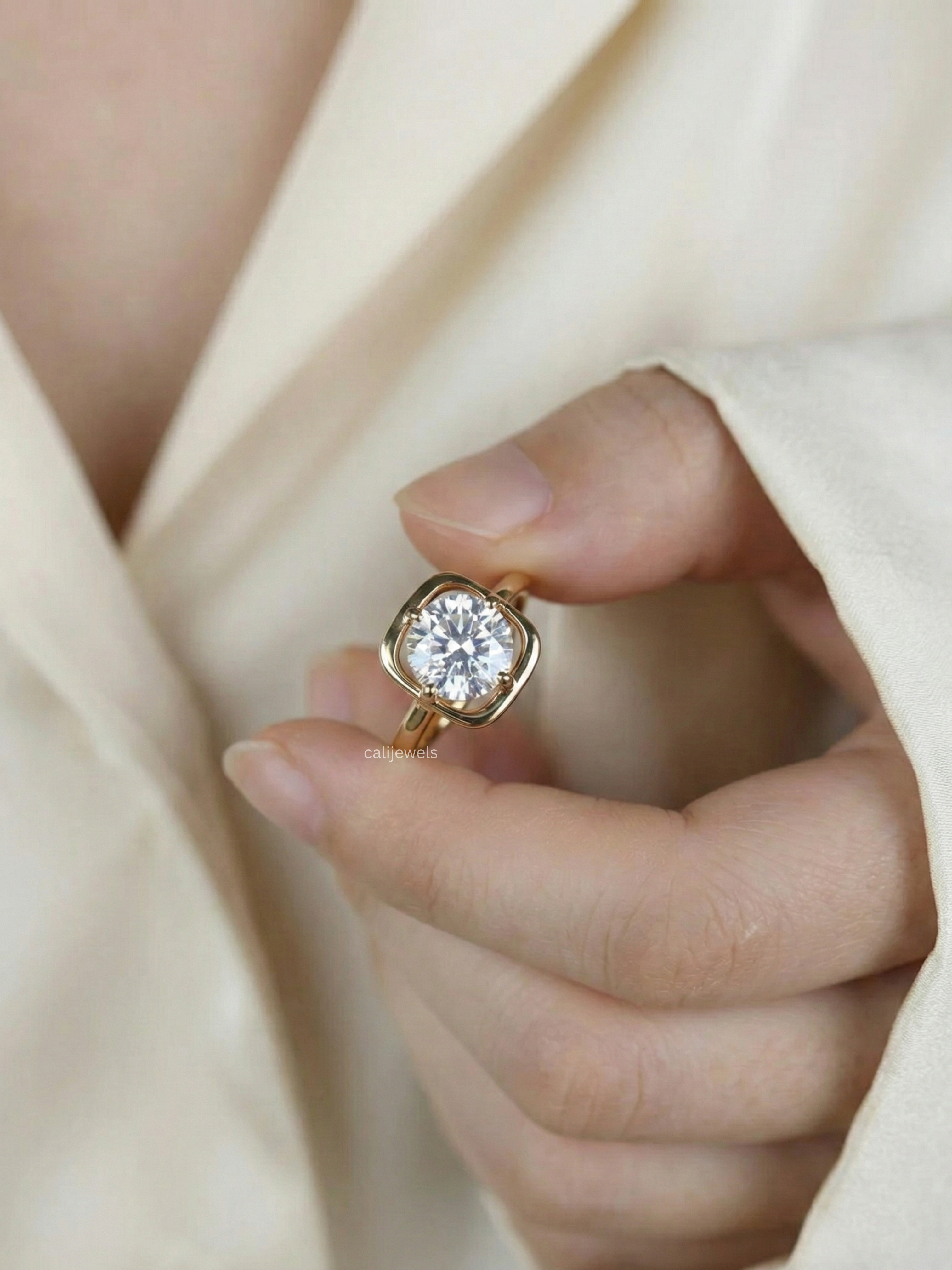 Round Cut Lab Grown Diamond Square Bezel Set Solitaire Ring