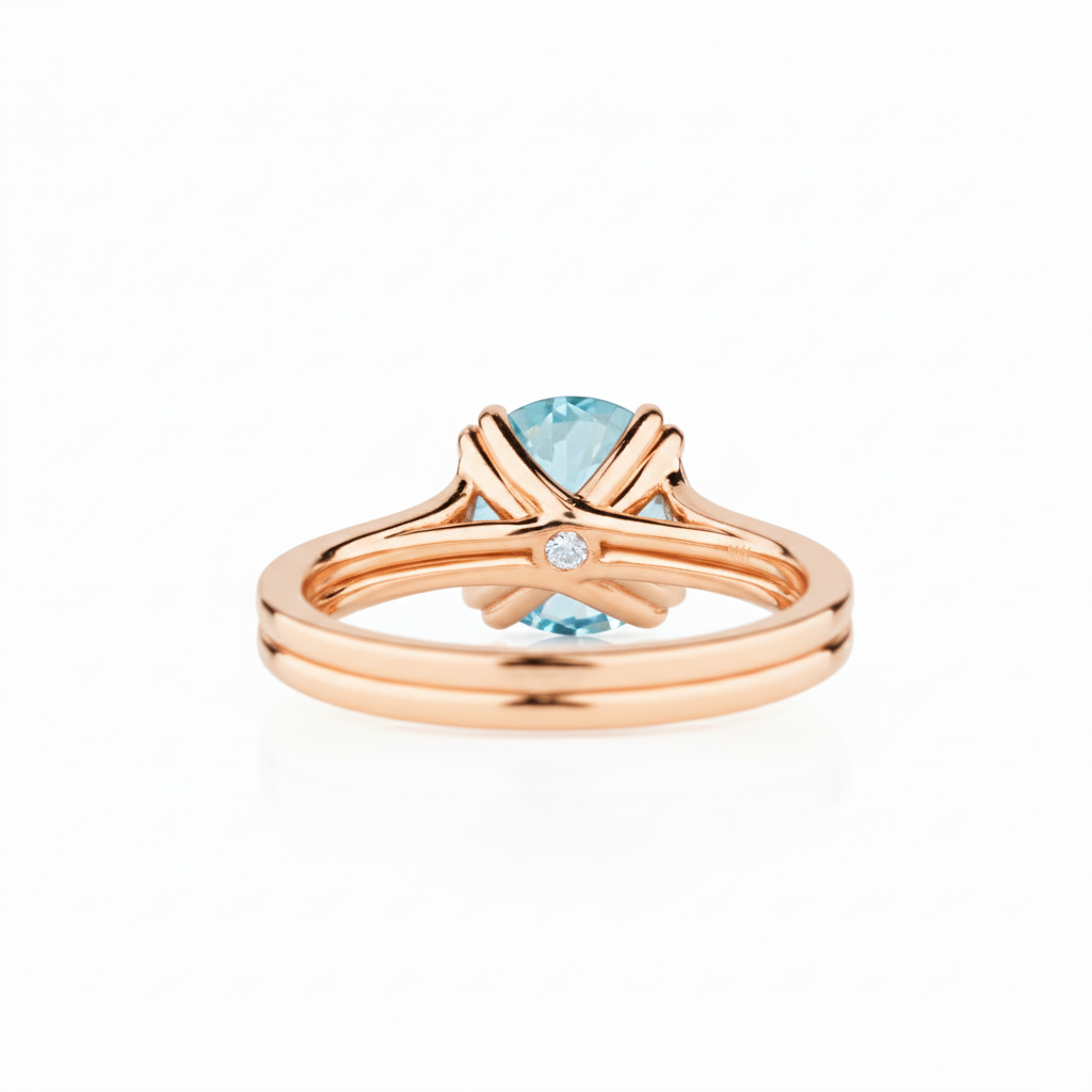 Rose gold ring with a blue gemstone on a white background