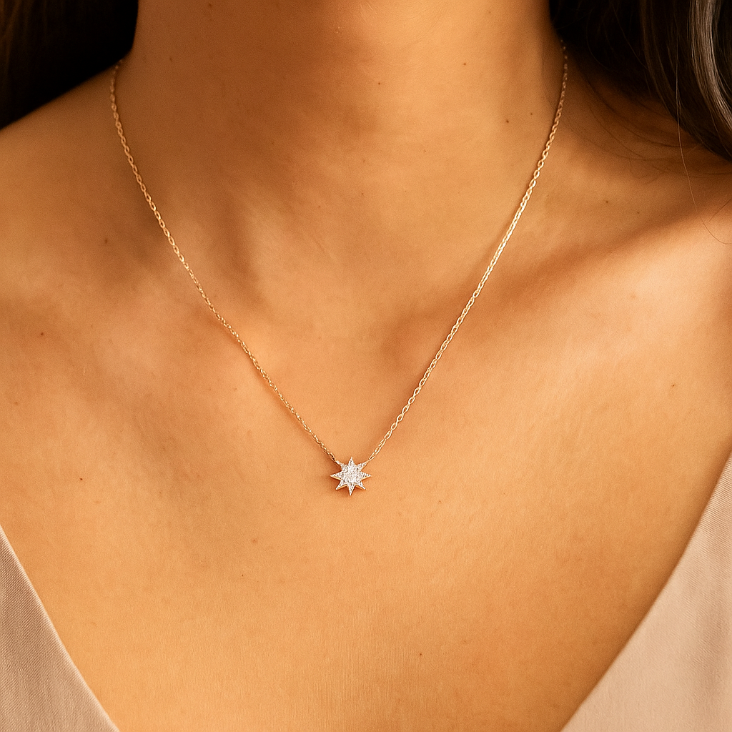 Necklace with a star-shaped pendant worn by a person