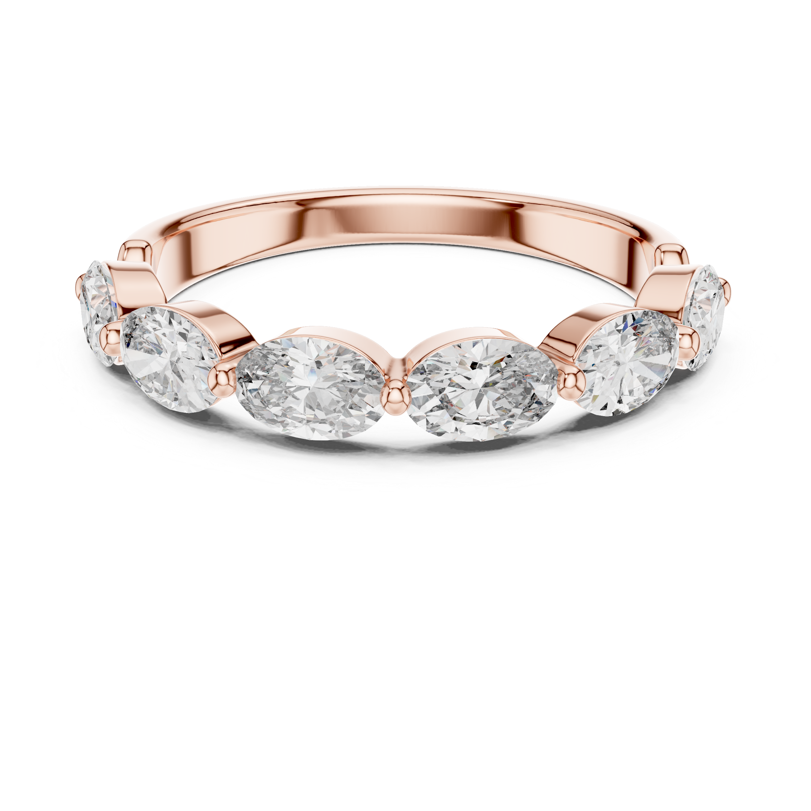 Rose gold ring with clear gemstones on a white background