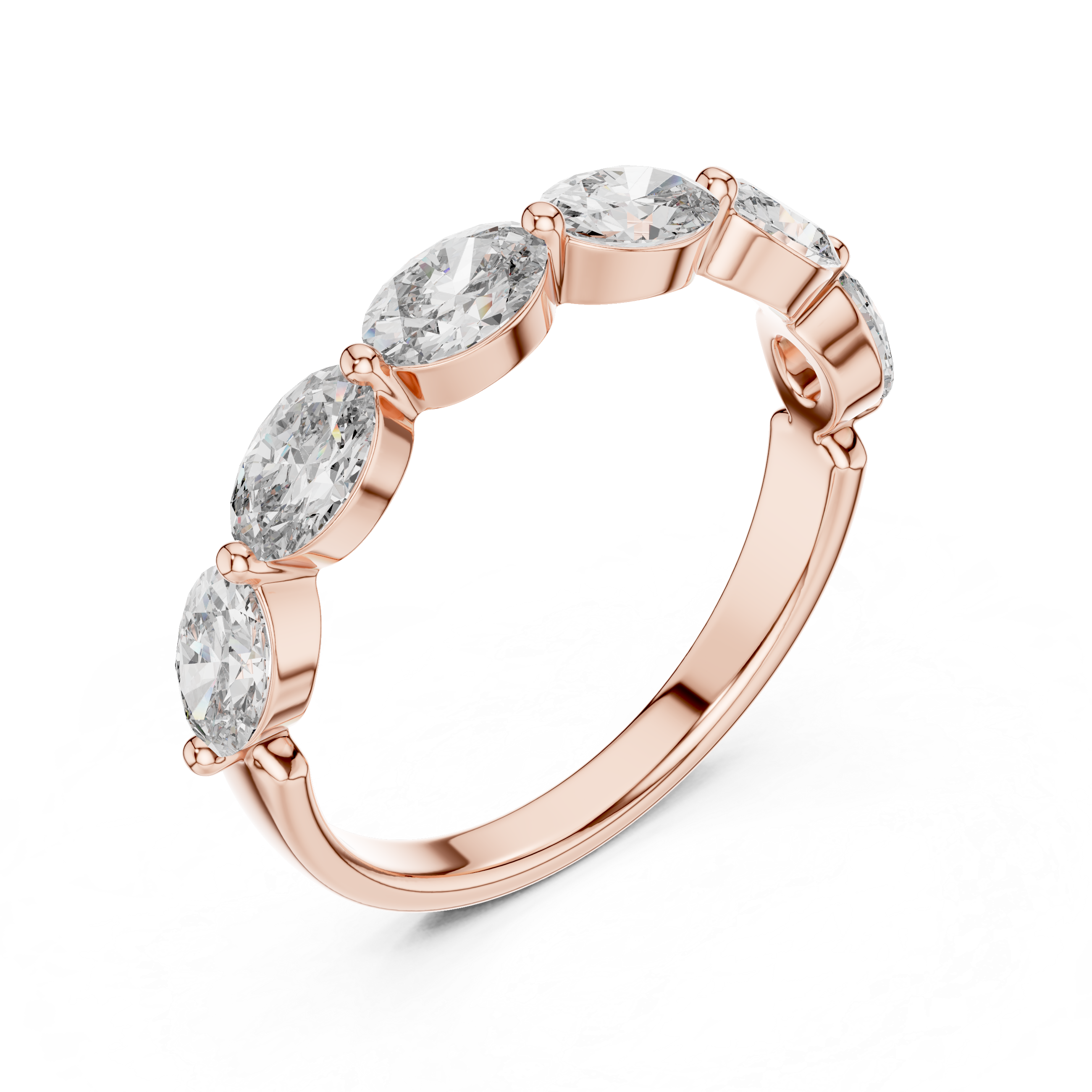 Rose gold ring with clear gemstones on a white background