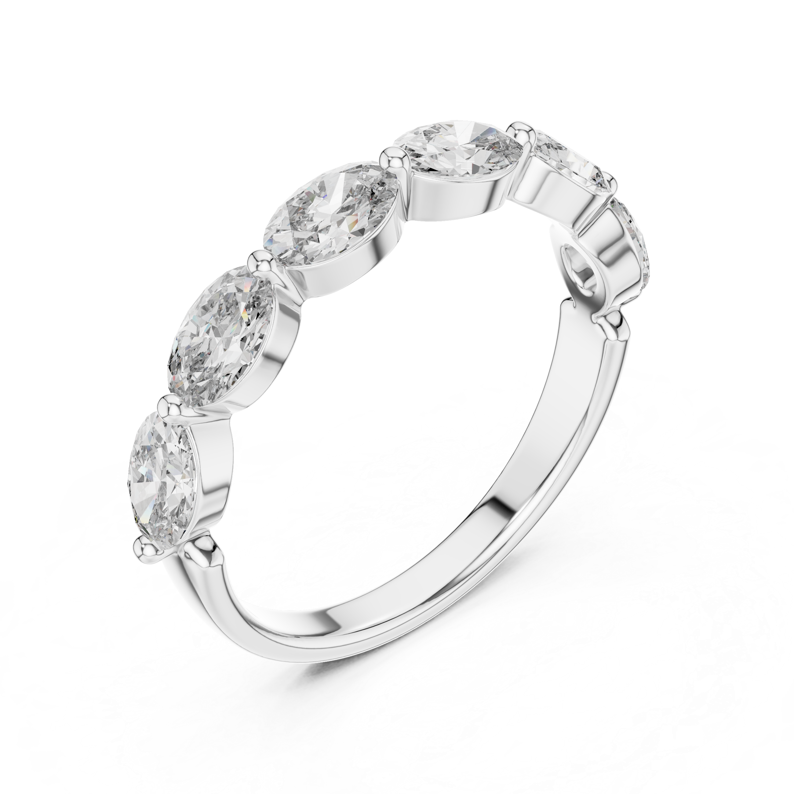 Silver ring with five diamonds on a white background