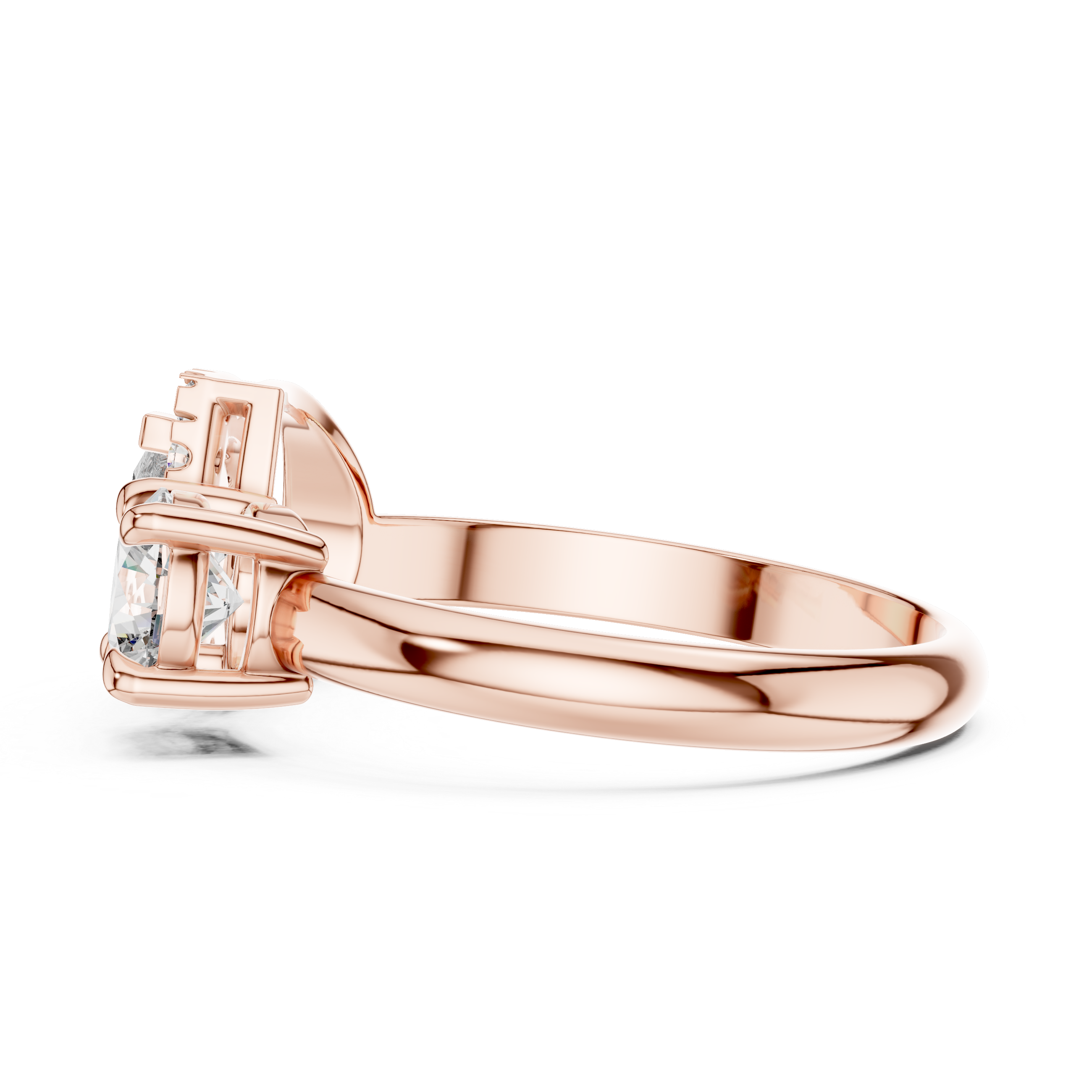 Rose gold ring with a diamond on a white background