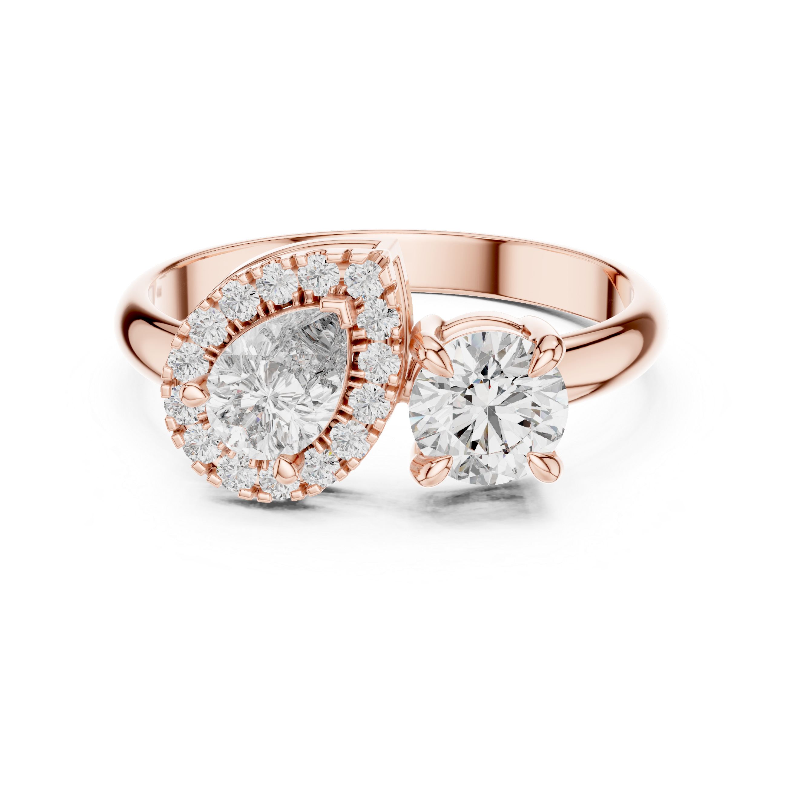 Rose gold ring with diamond accents on a white background