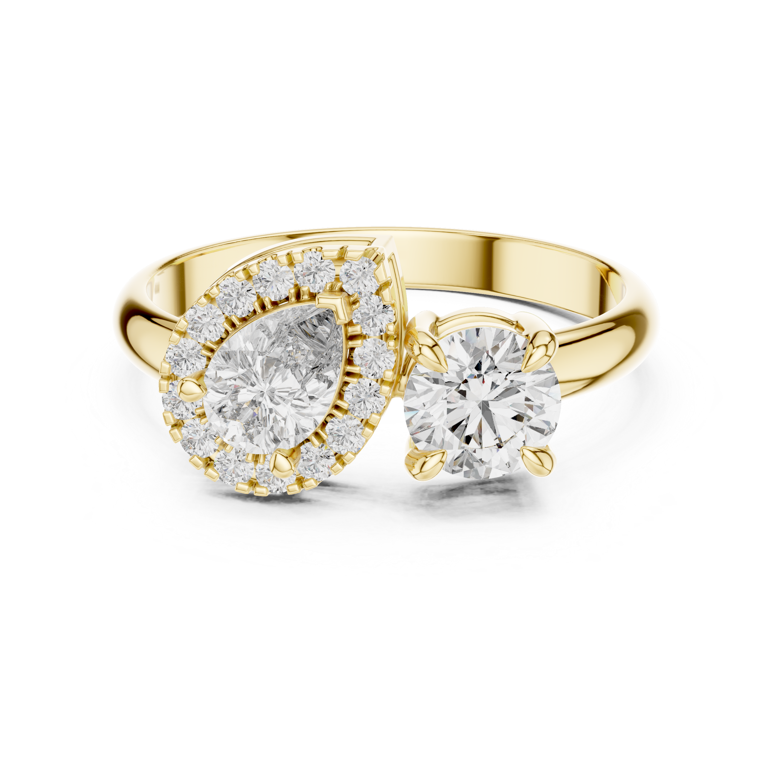 Gold ring with diamond accents on a white background