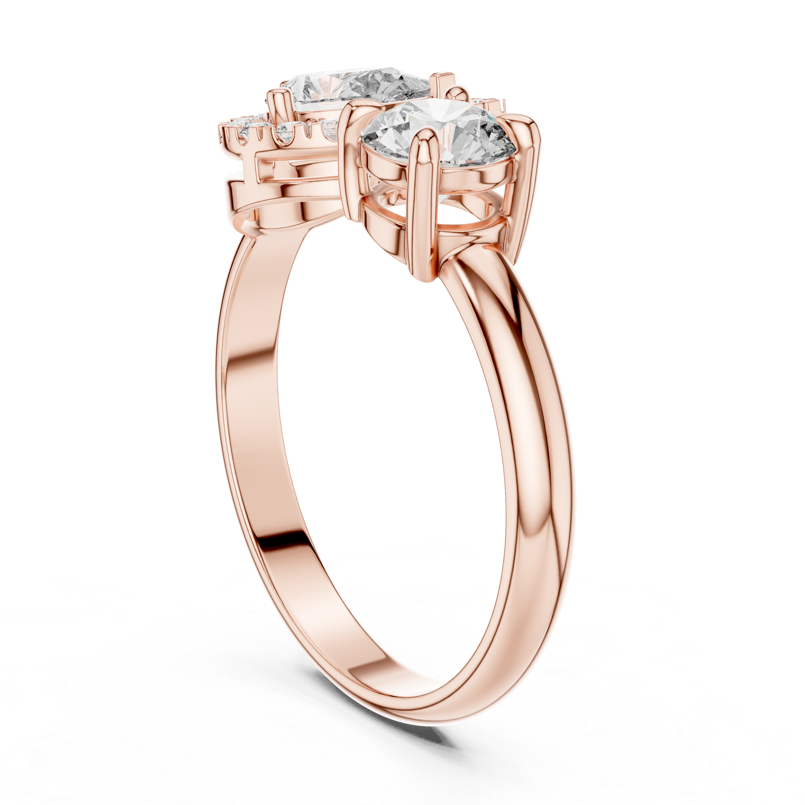 Rose gold ring with two diamonds on a white background