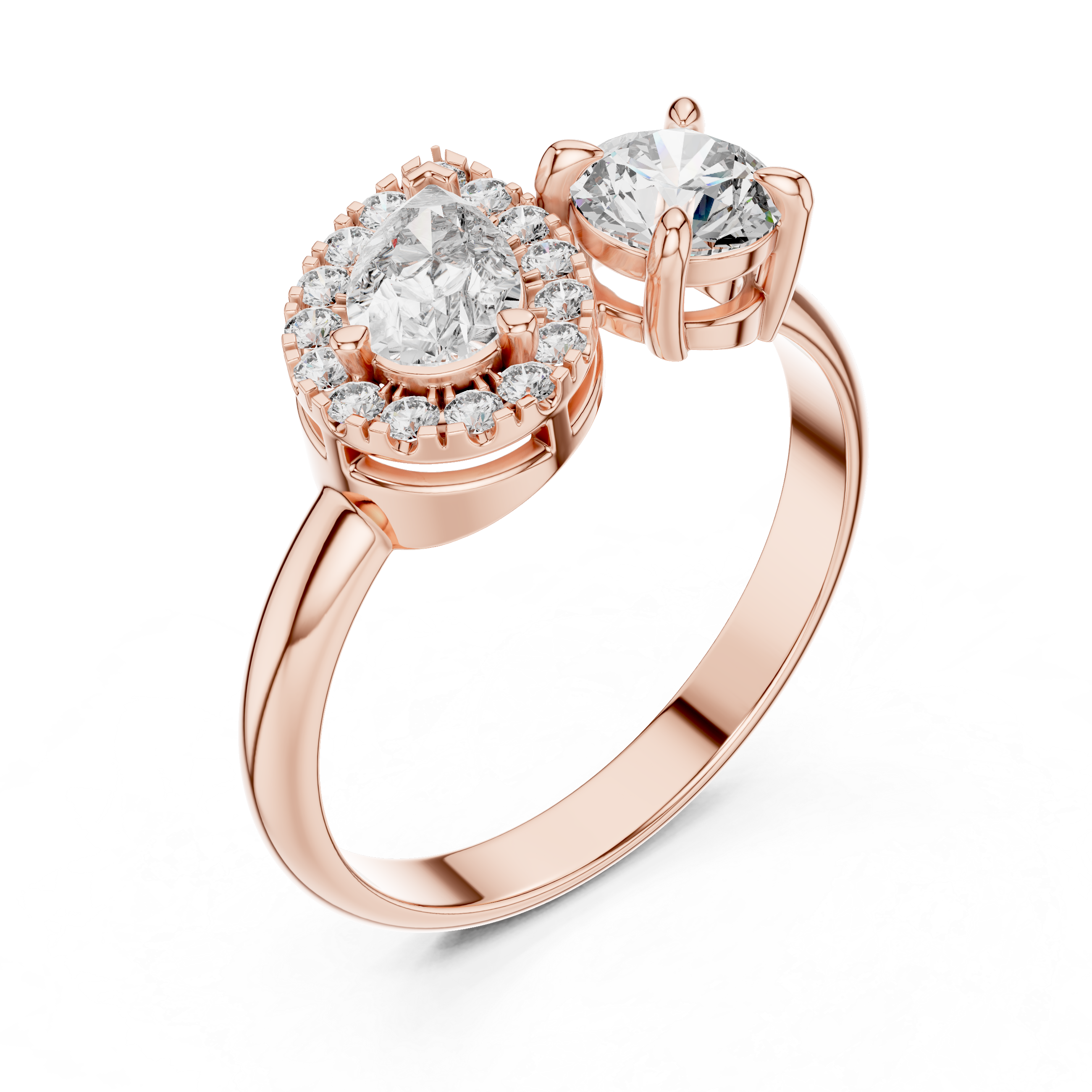 Rose gold ring with two diamond-like stones on a white background