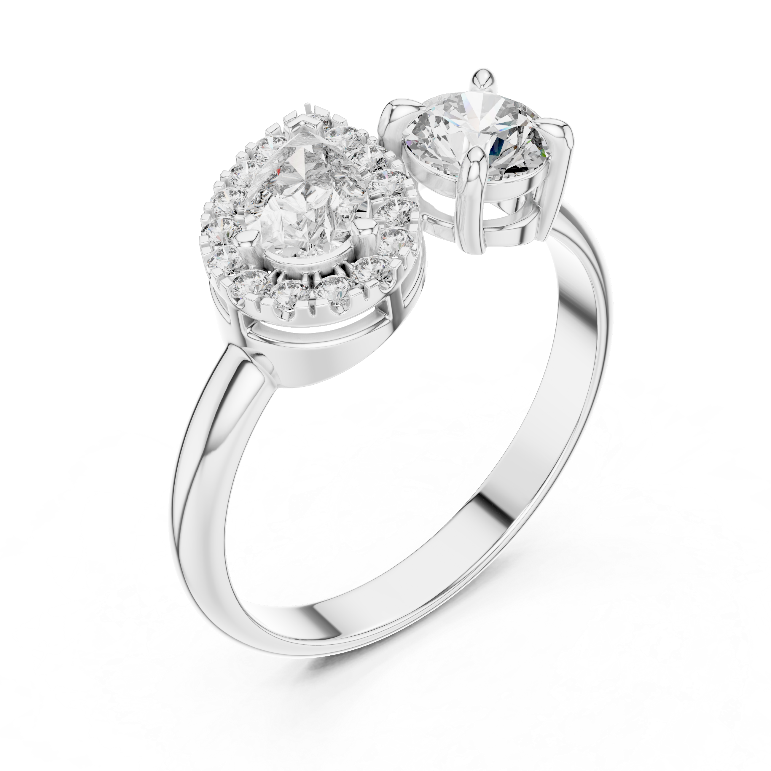 Diamond ring with two prominent gemstones on a white background