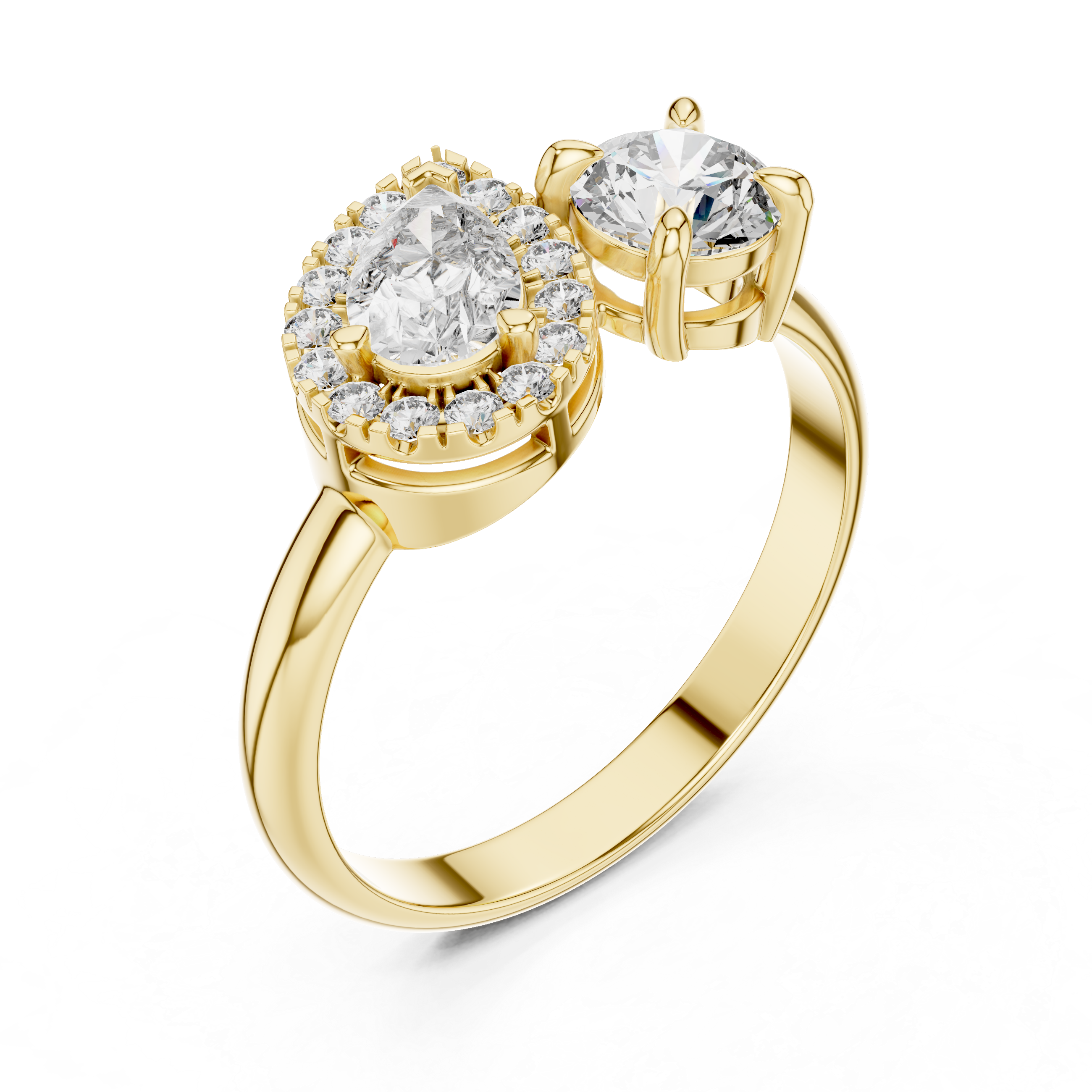 Gold ring with two diamond clusters on a white background