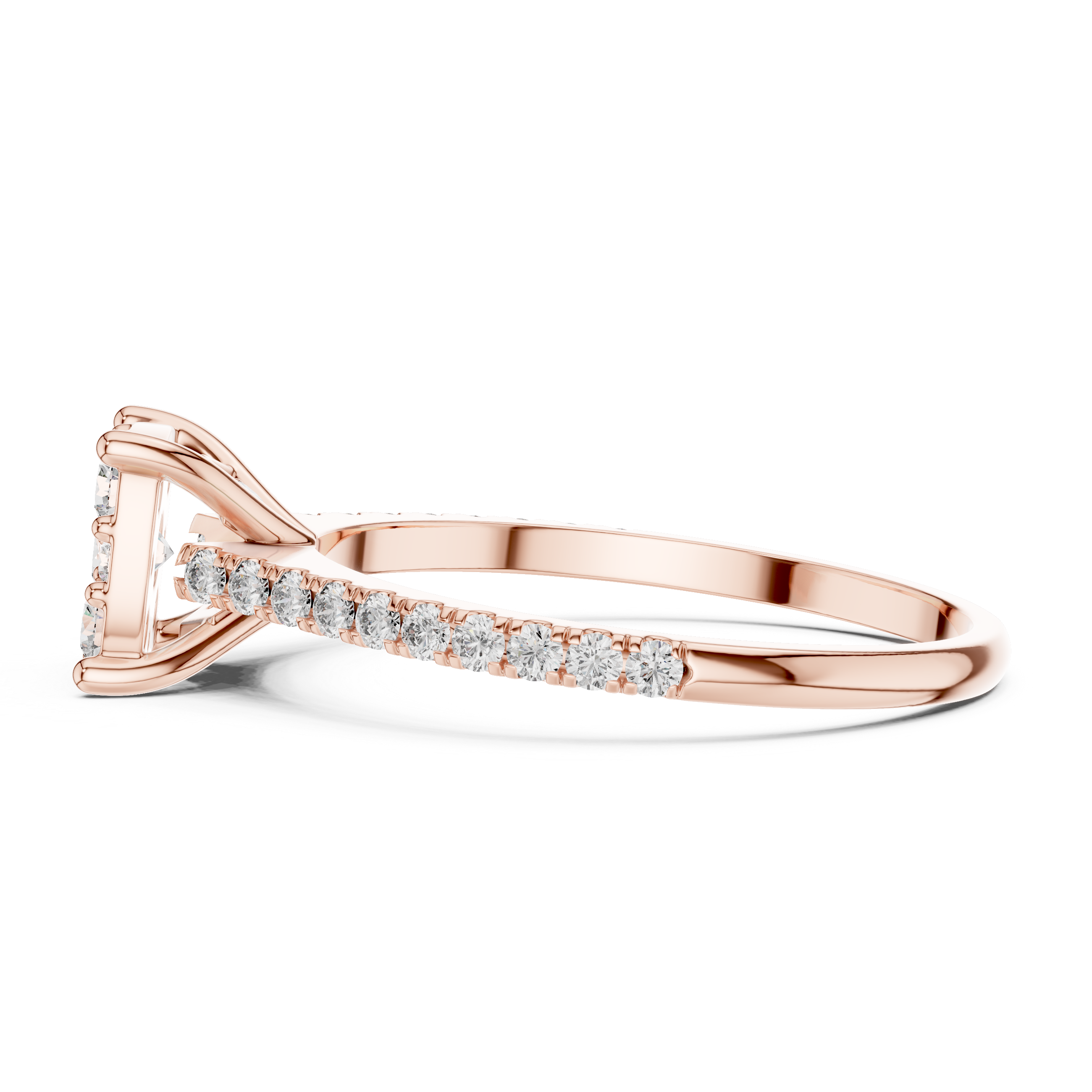 Rose gold ring with diamond accents on a white background