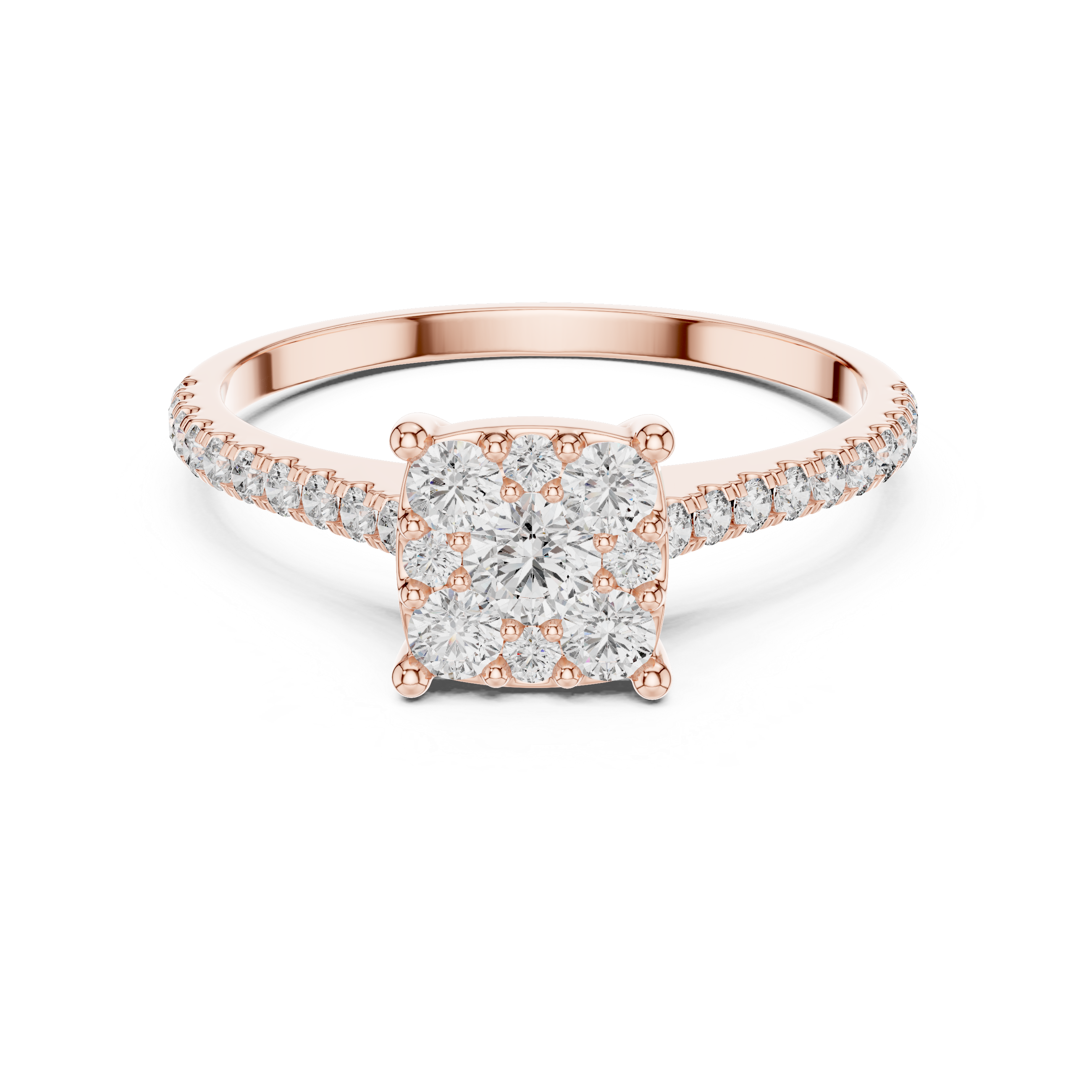 Rose gold diamond ring on a white background