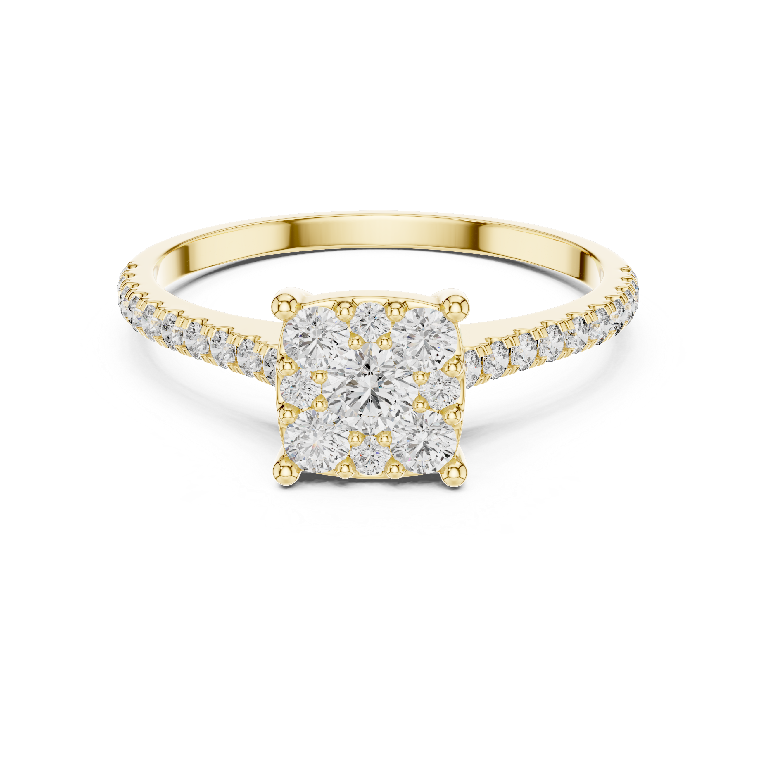 Gold ring with a diamond center stone on a white background