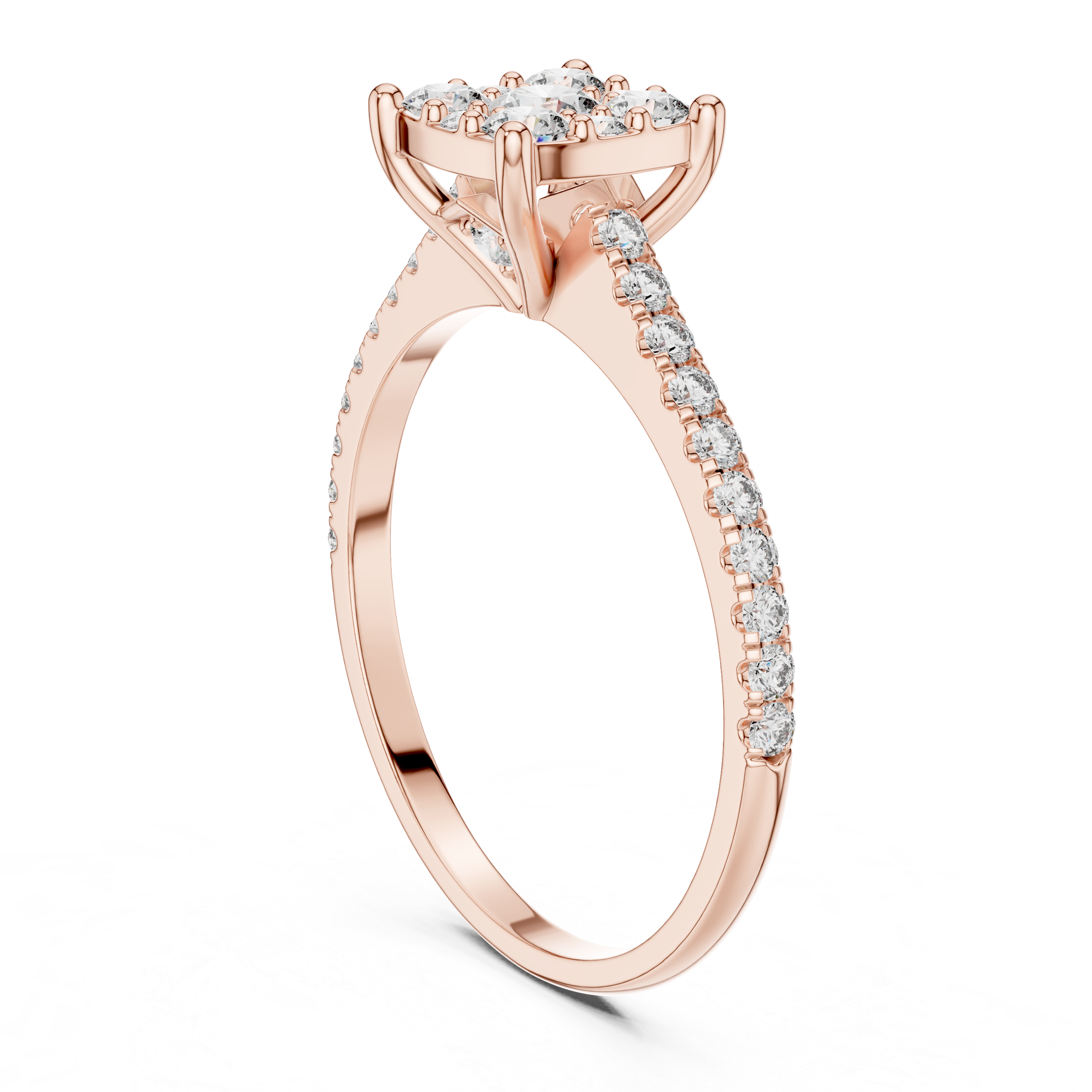 Rose gold ring with diamonds on a white background