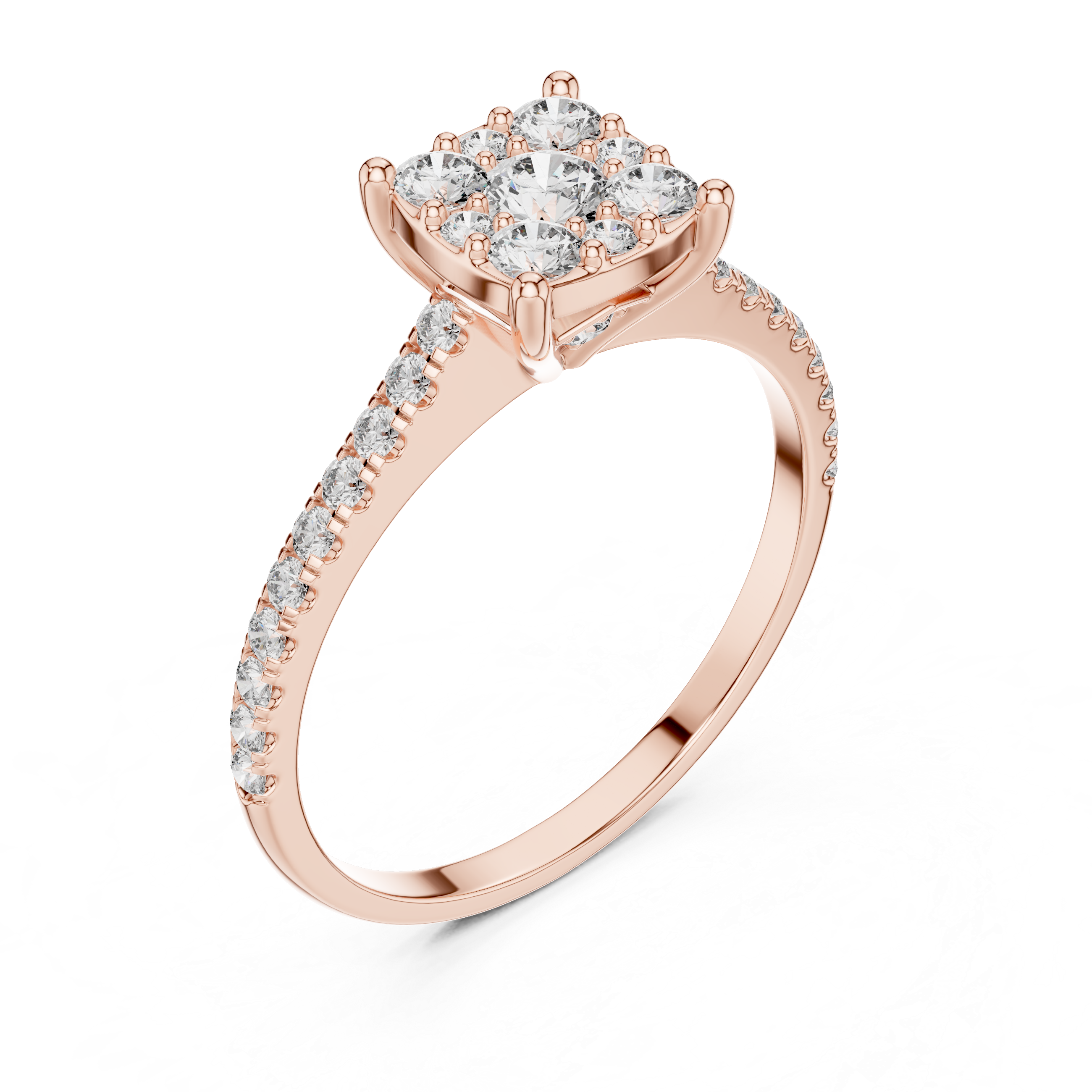 Rose gold ring with diamond accents on a white background
