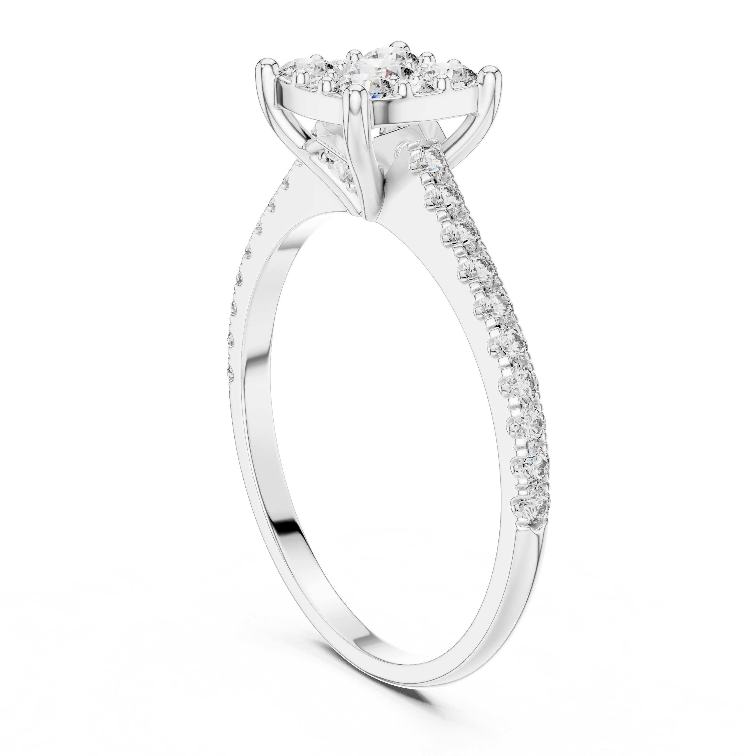 Diamond ring with a white gold band on a white background