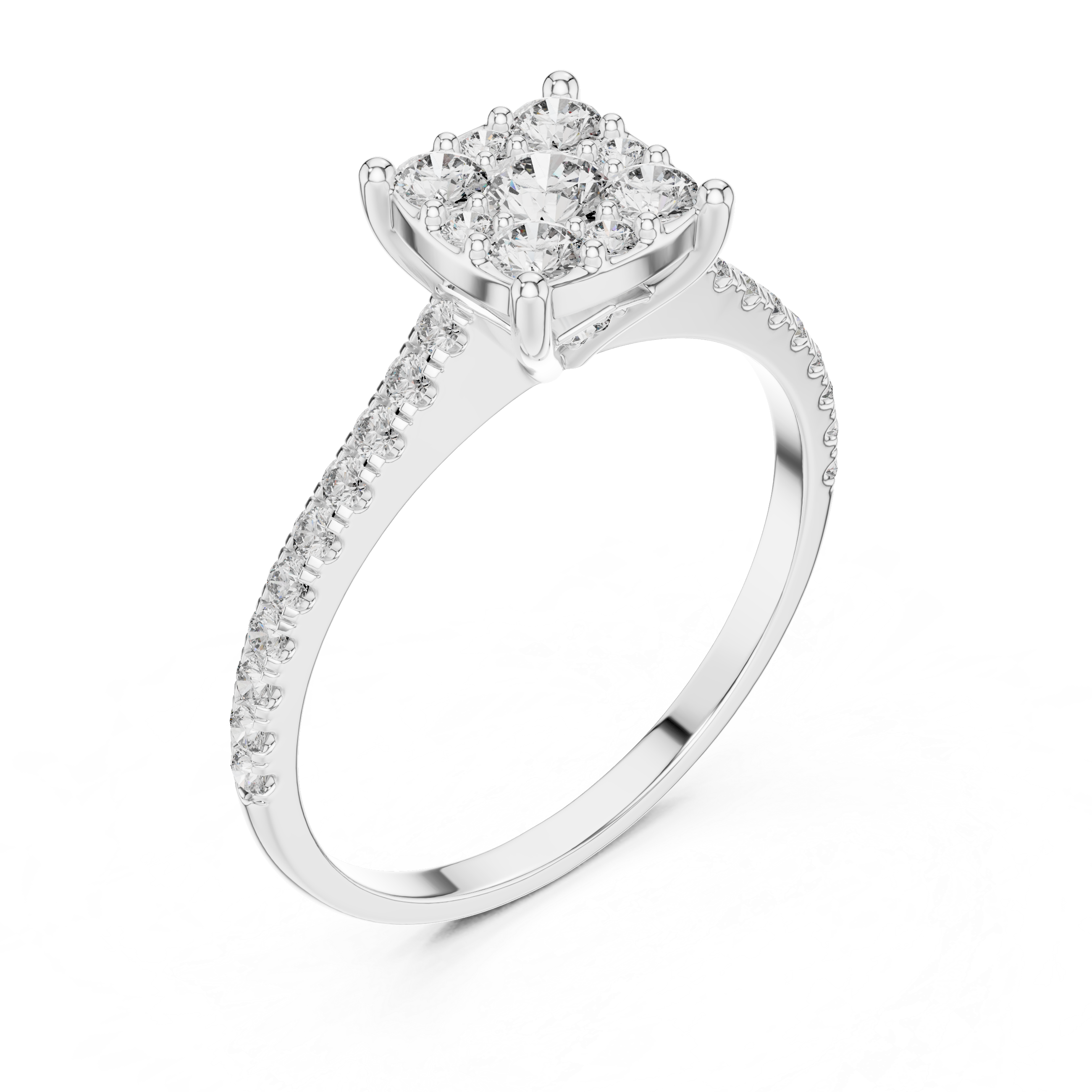 Diamond ring with a white gold band on a white background