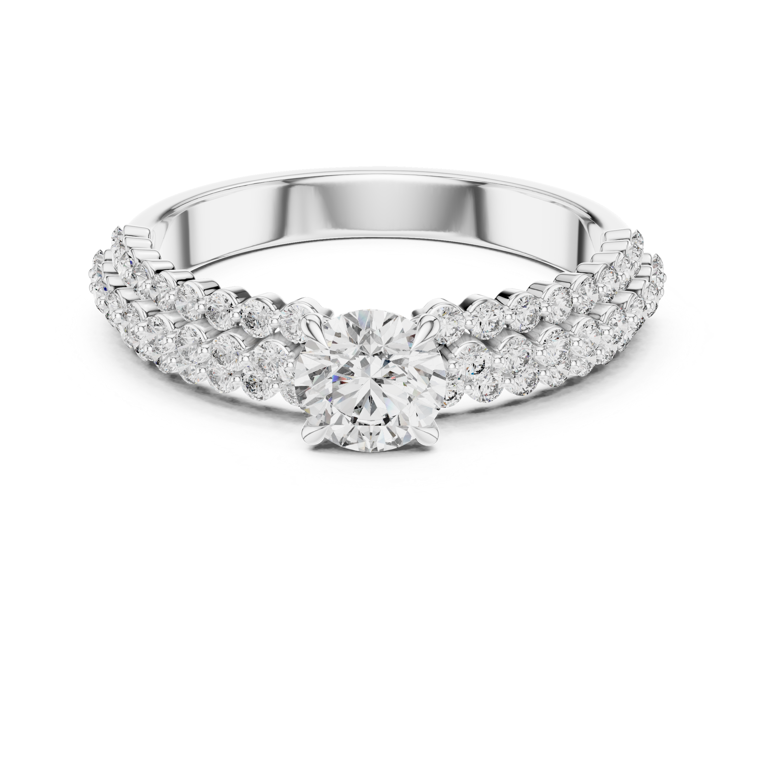 Diamond ring with a white gold band on a white background