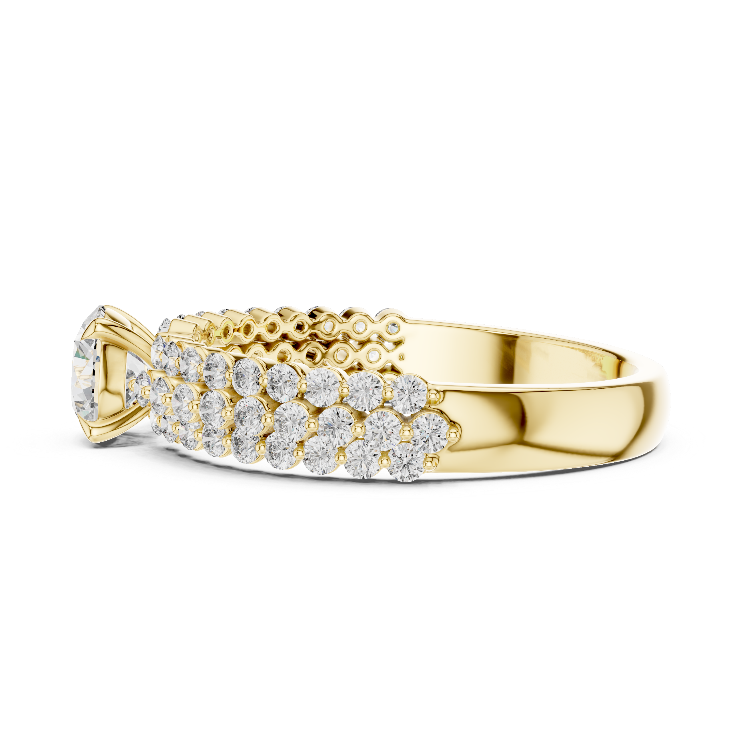 Gold ring with diamond accents on a white background