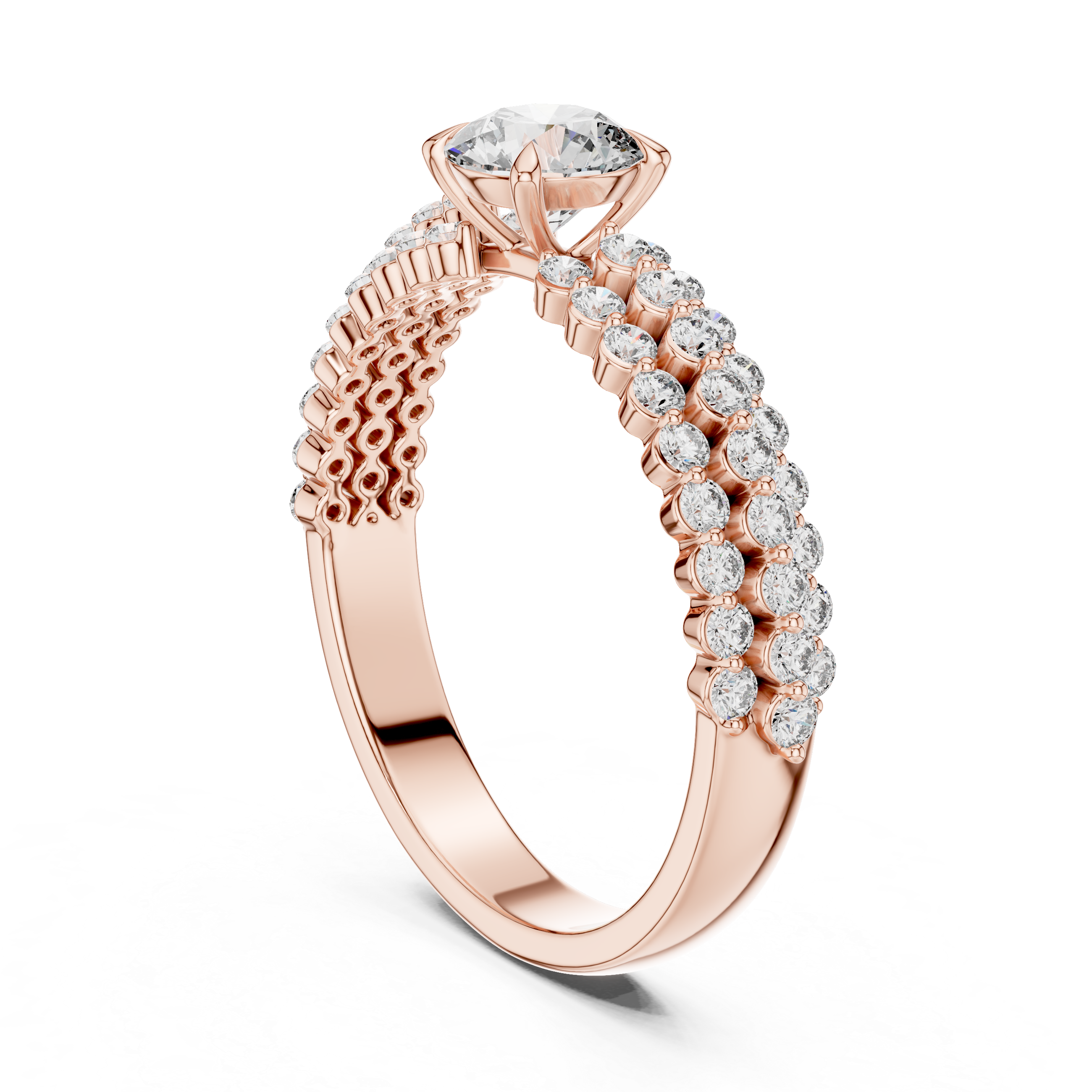 Rose gold ring with diamond accents on a white background