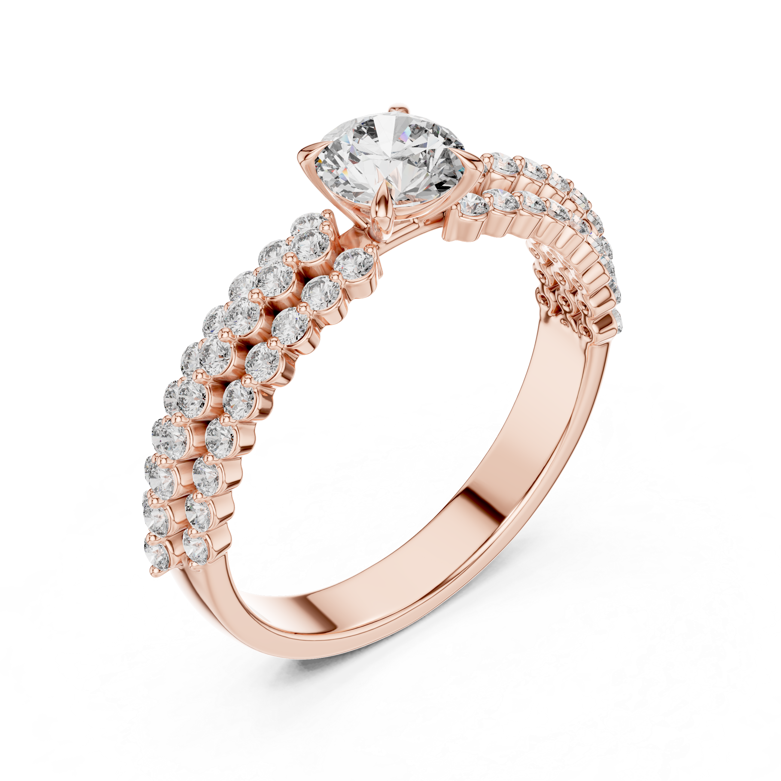 Rose gold ring with diamonds on a white background