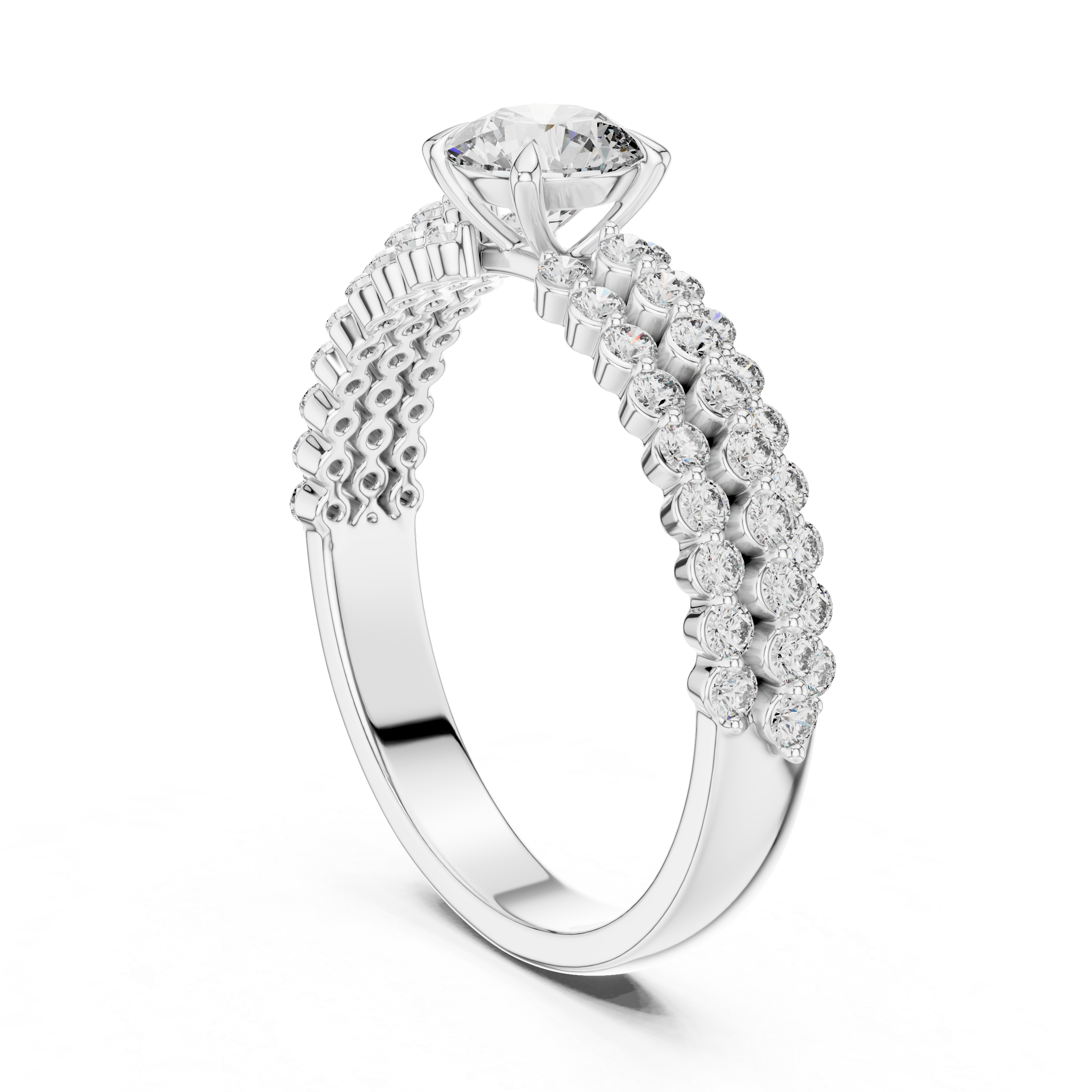 Silver ring with diamond accents on a white background