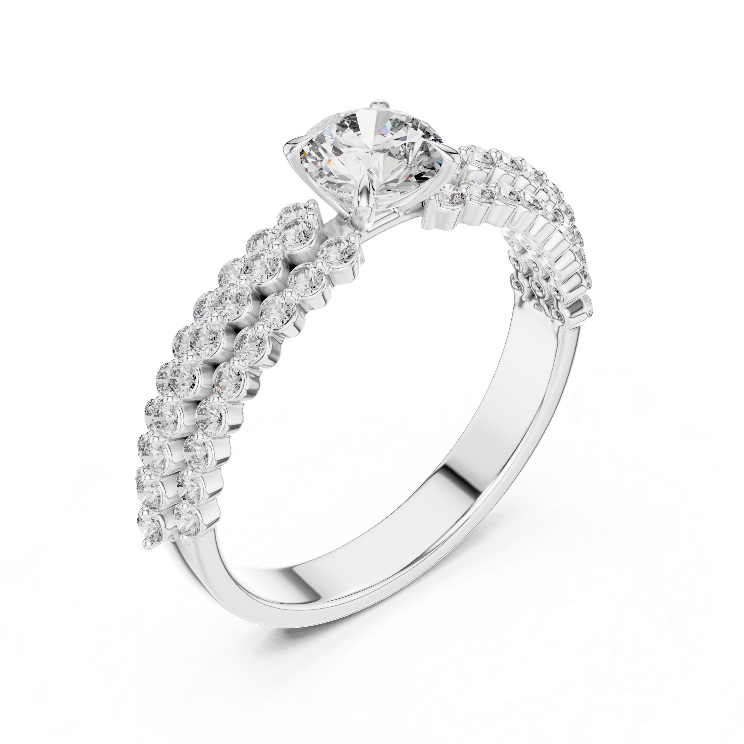 Diamond ring with a white gold band on a white background