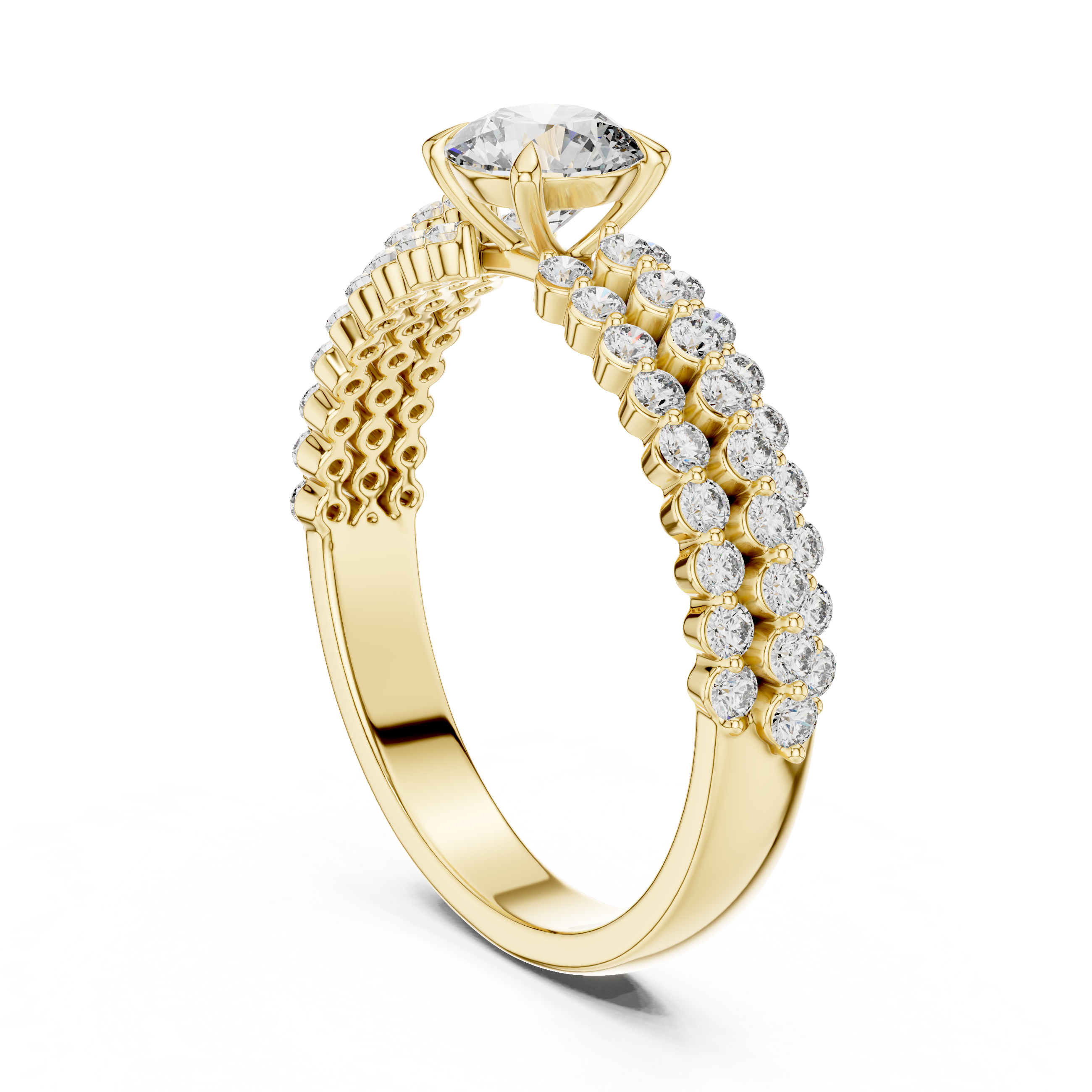 Gold ring with diamond accents on a white background