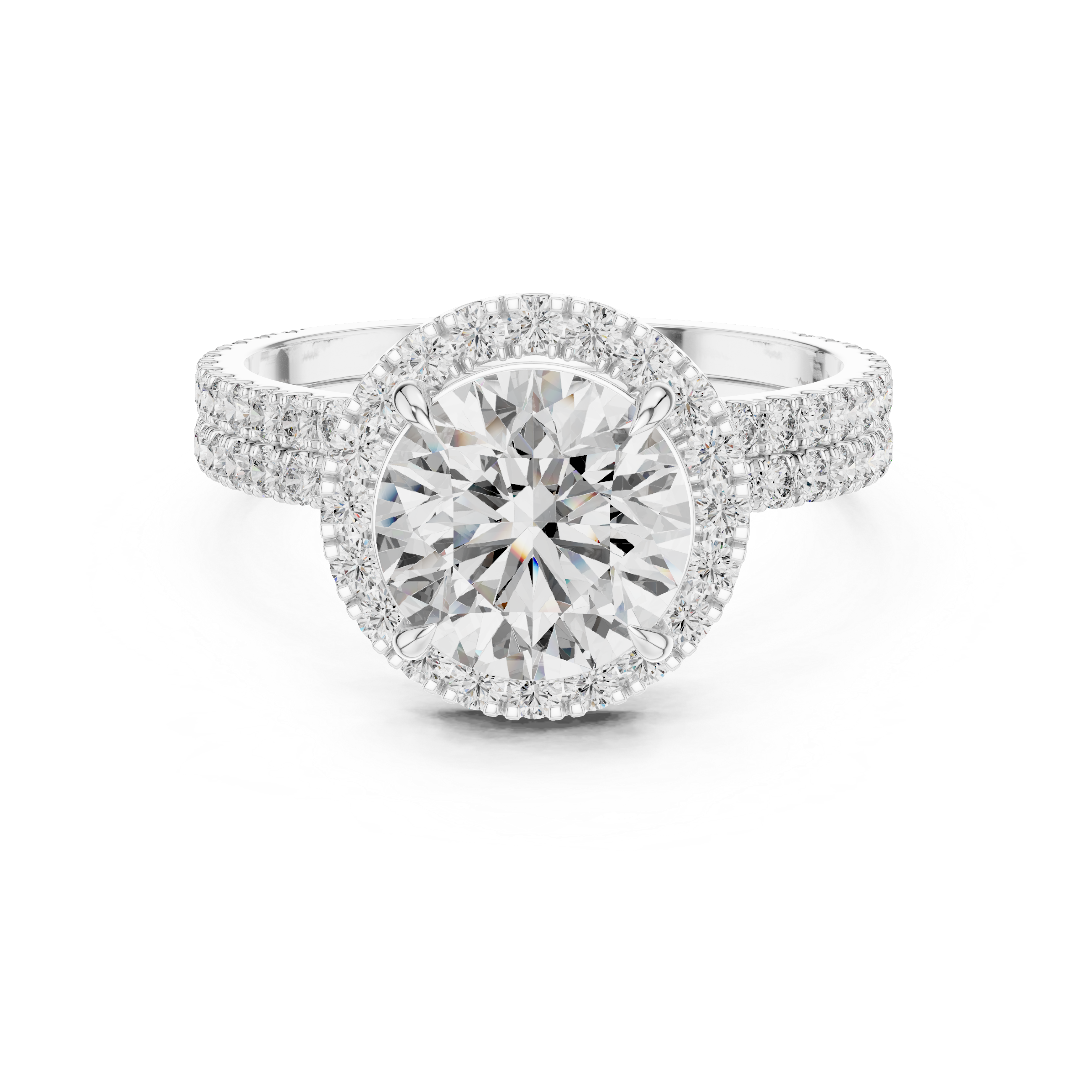 Diamond ring with a white gold band on a white background