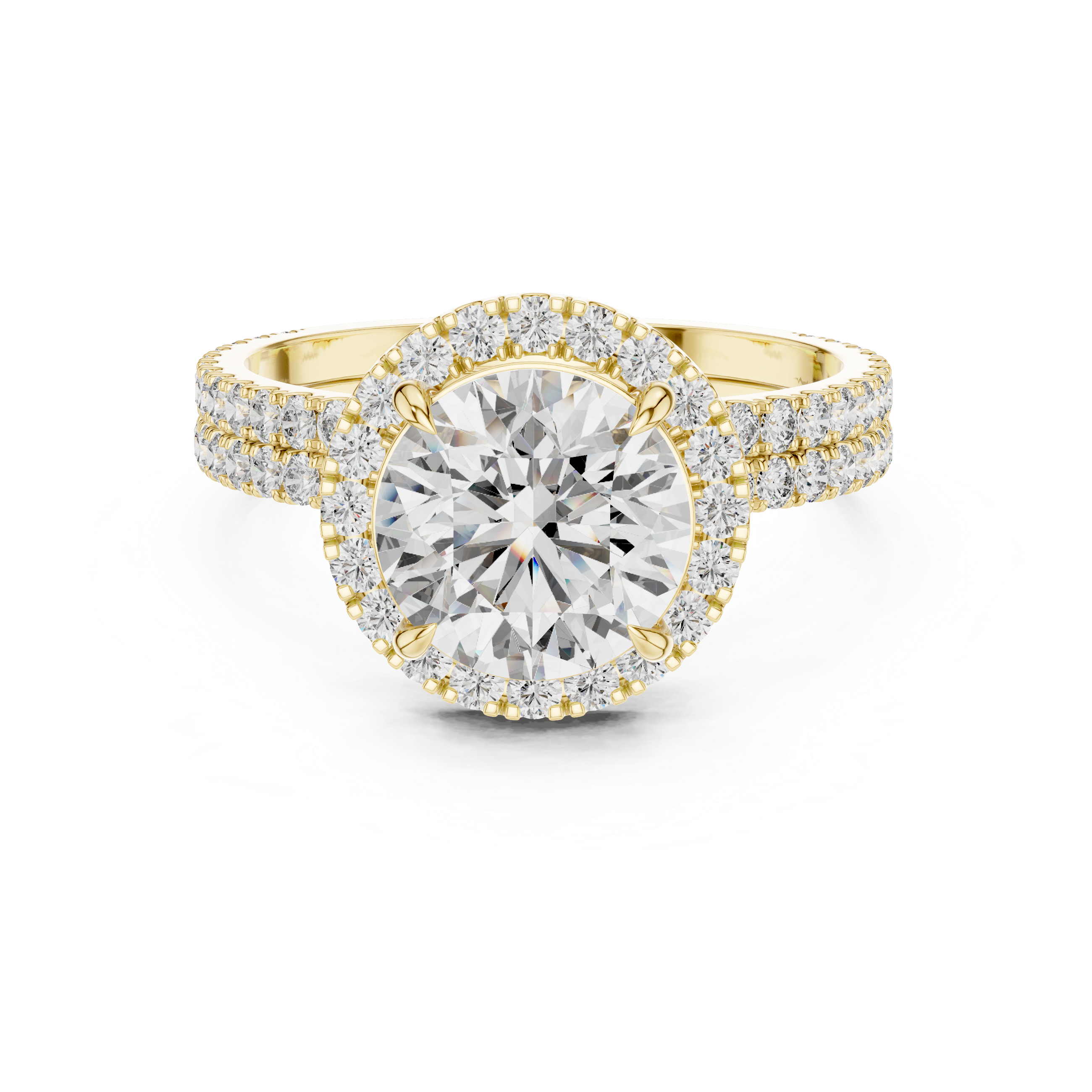 Gold ring with a large diamond and smaller diamonds around on a white background