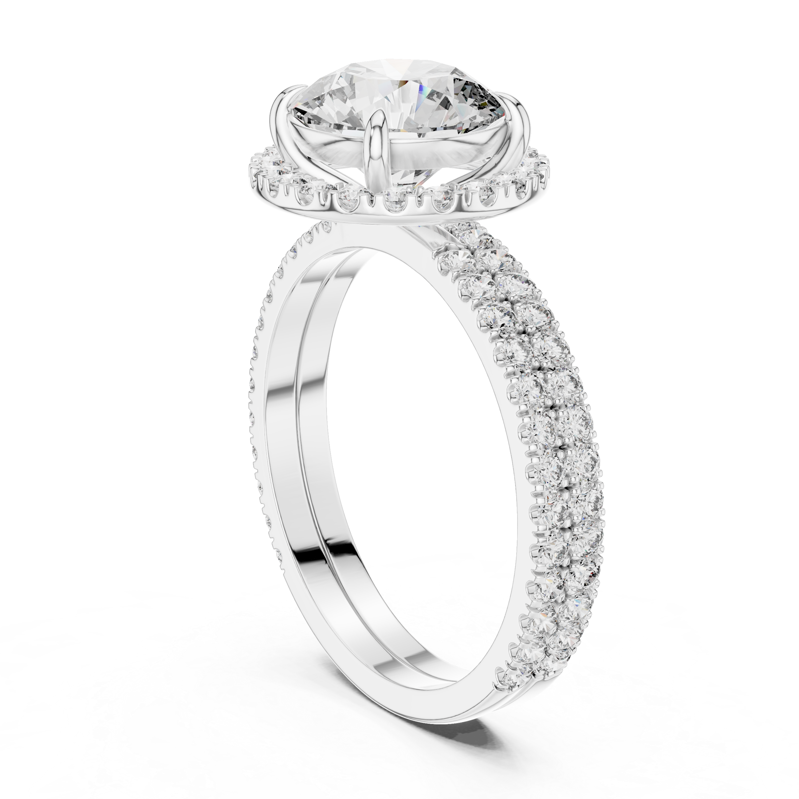 Diamond ring with a heart-shaped center stone on a white background