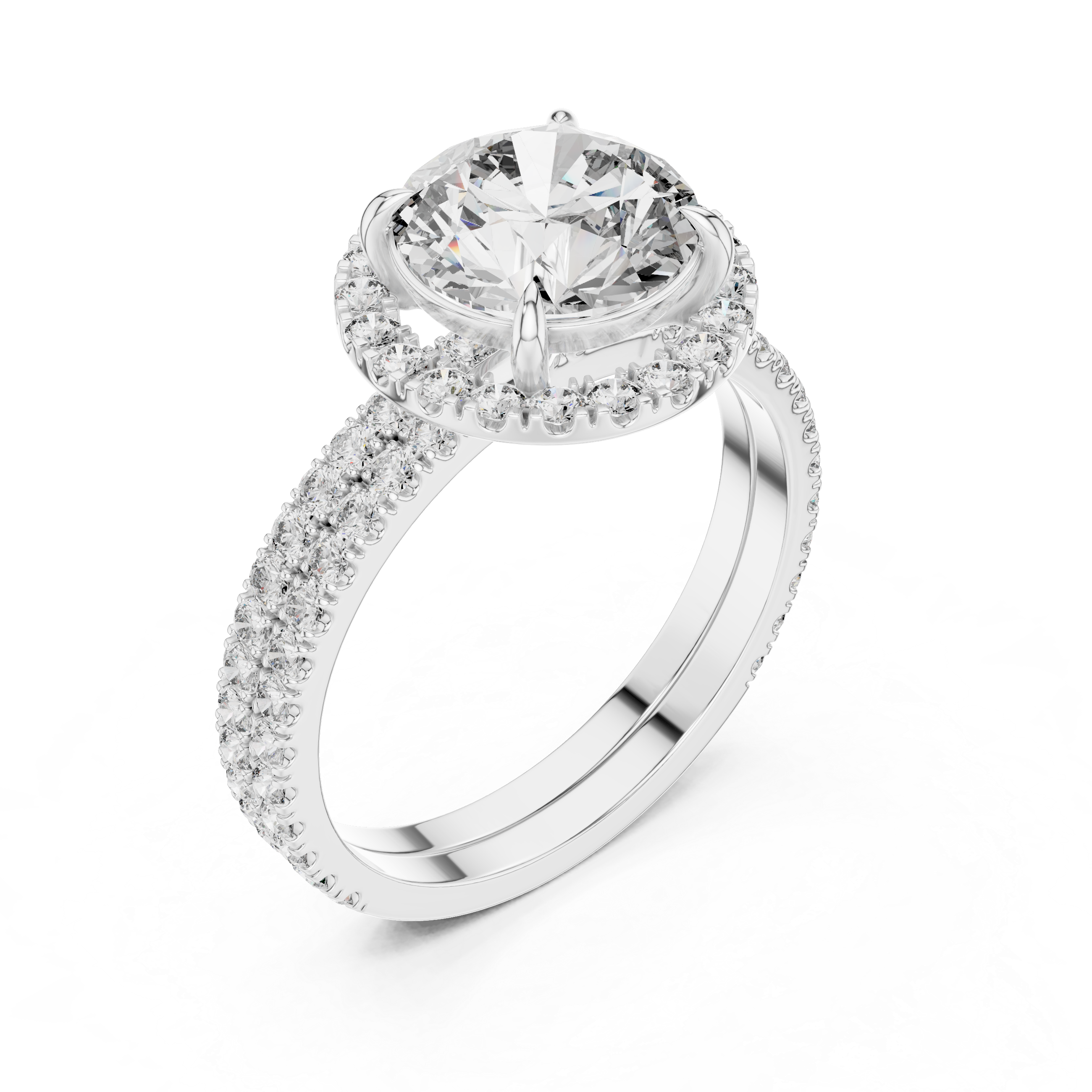 Diamond ring with a large central gemstone and smaller stones on a white background