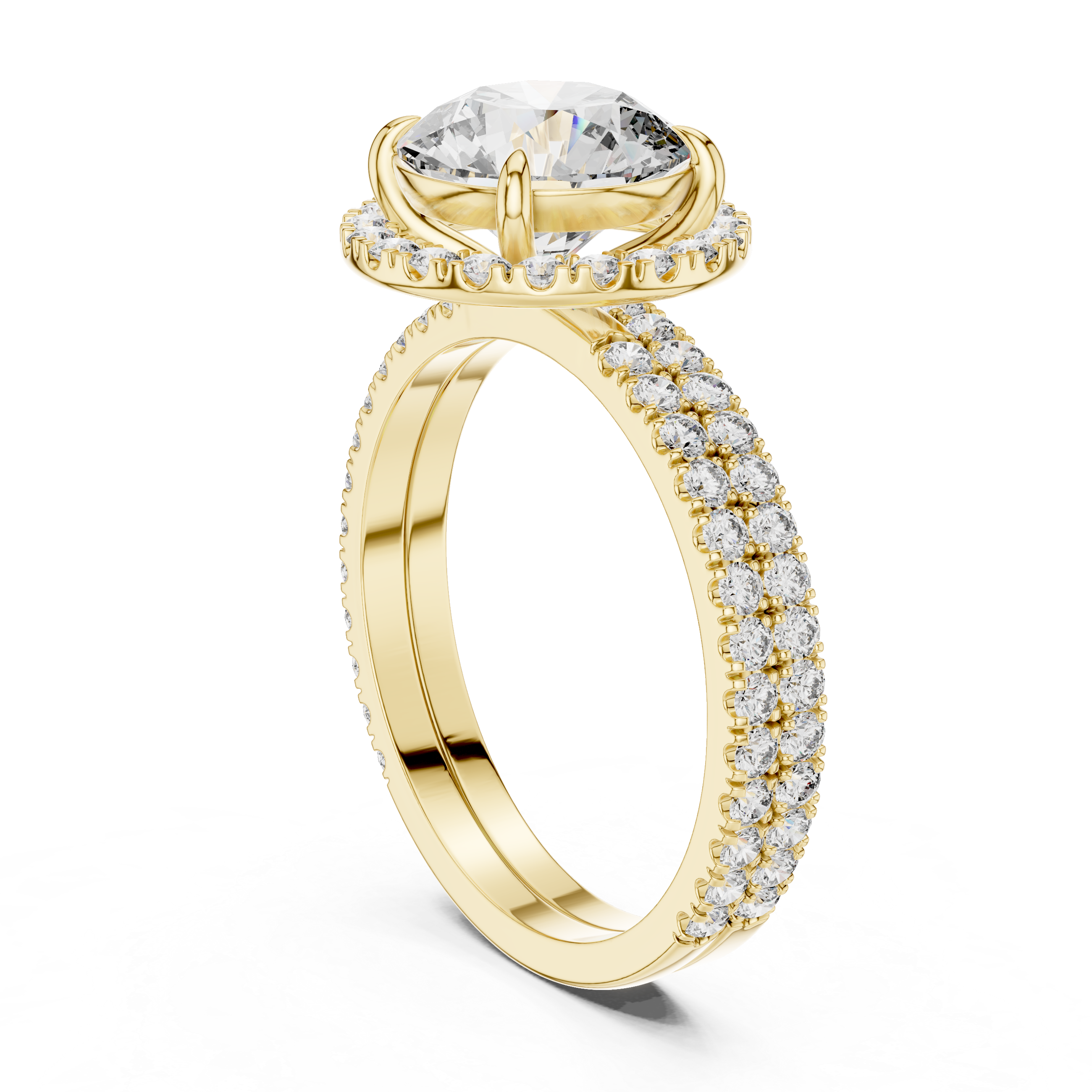 Gold ring with a large diamond and smaller diamonds on the band against a white background