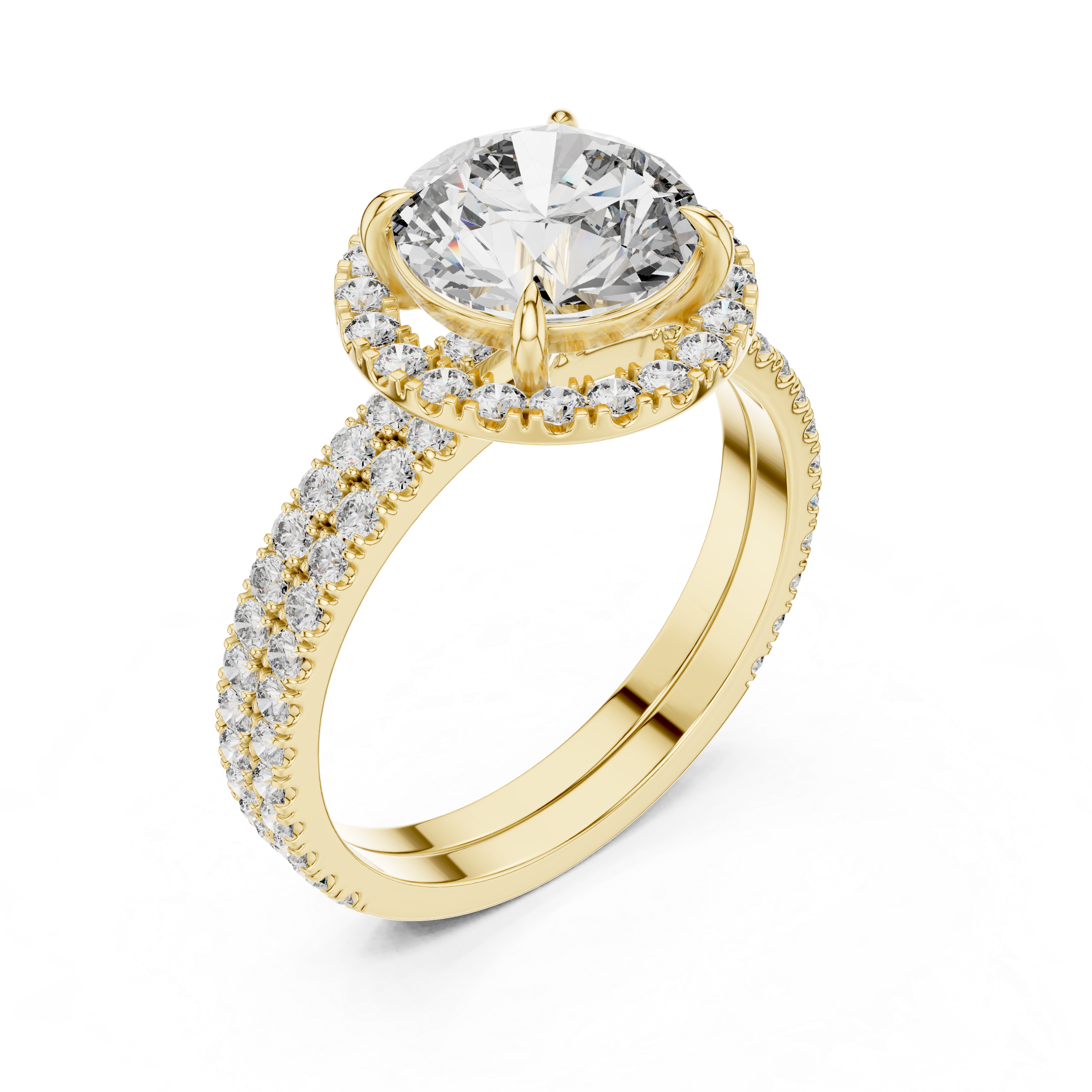 Gold ring with a large diamond and smaller diamonds on the band against a white background