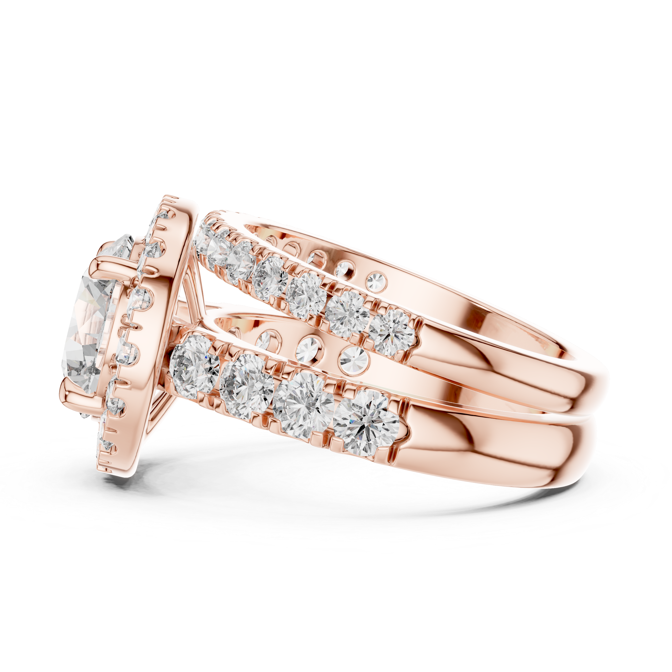 Rose gold ring with diamond accents on a white background